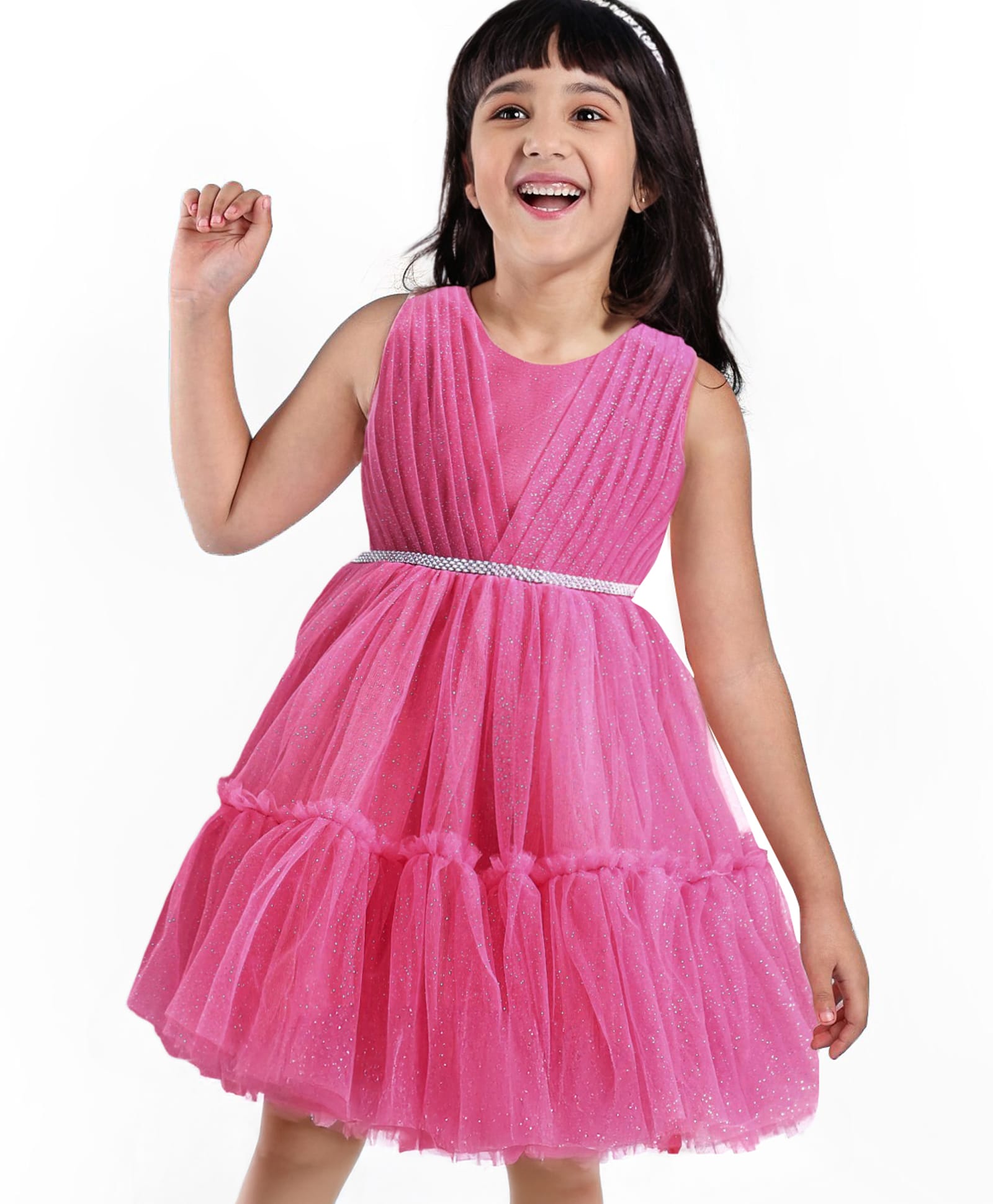 Babyhug Woven Sleeveless Party Dress With Glitter Print - Dark Pink-image-3