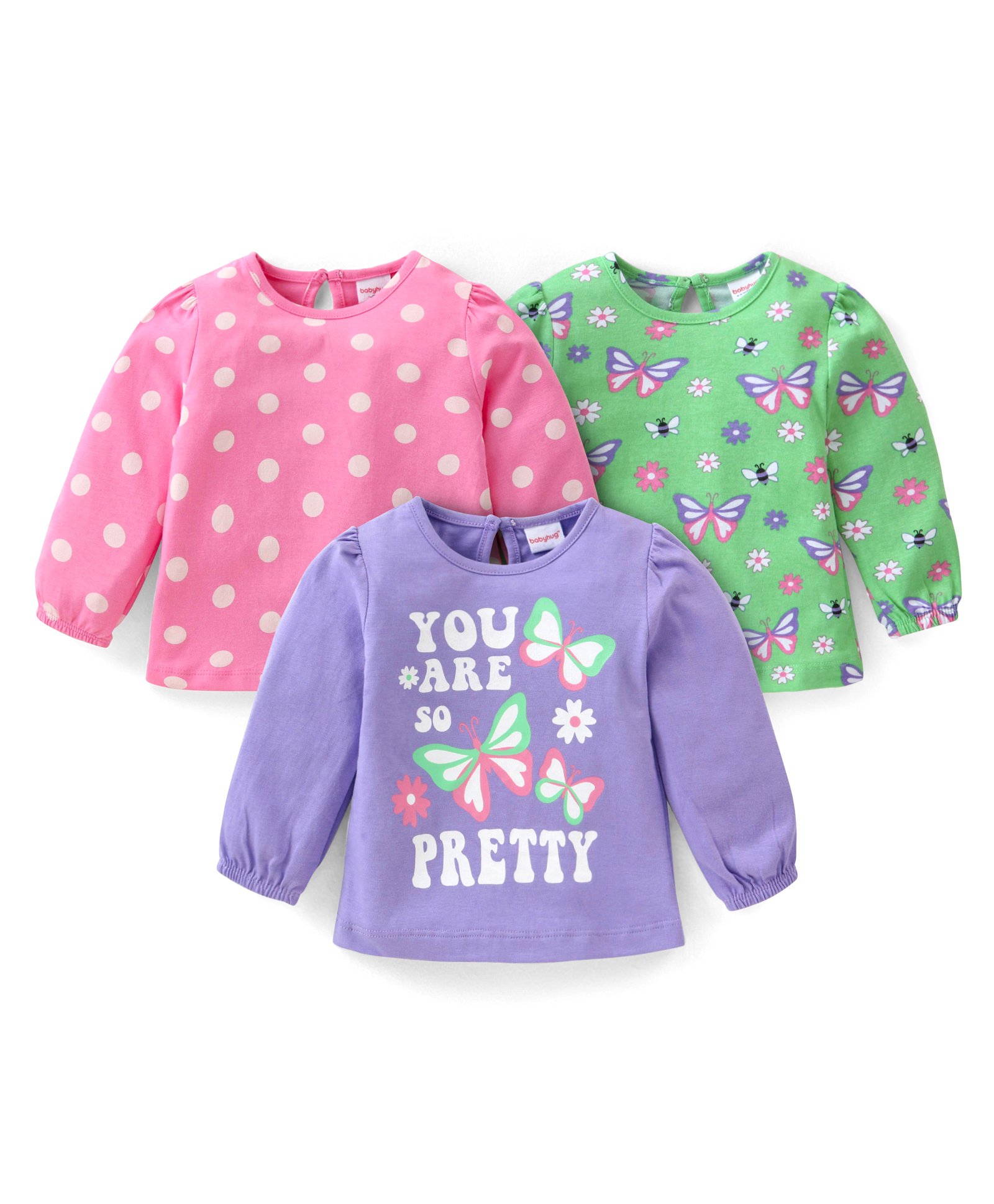 Babyhug Cotton Knit Full Sleeves Tops with Polka Dots  & Butterfly Graphics Pack of 3 - Pink Green & Purple-picture-22
