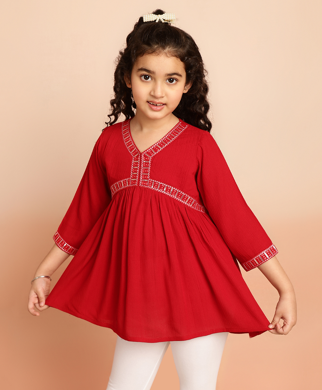 ISHTI Rayon Maroon Three Fourth Sleeves Placement Embroidered Top - Maroon-picture-11