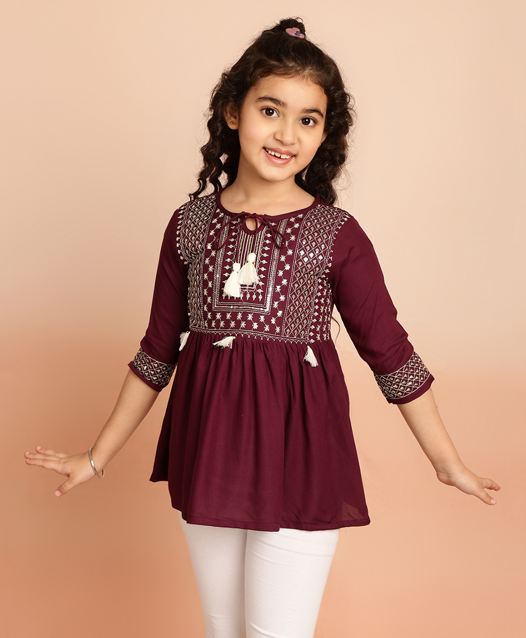 Ishti Rayon Three Fourth Sleeves Abstract  Embroidered Top - Wine-picture-31