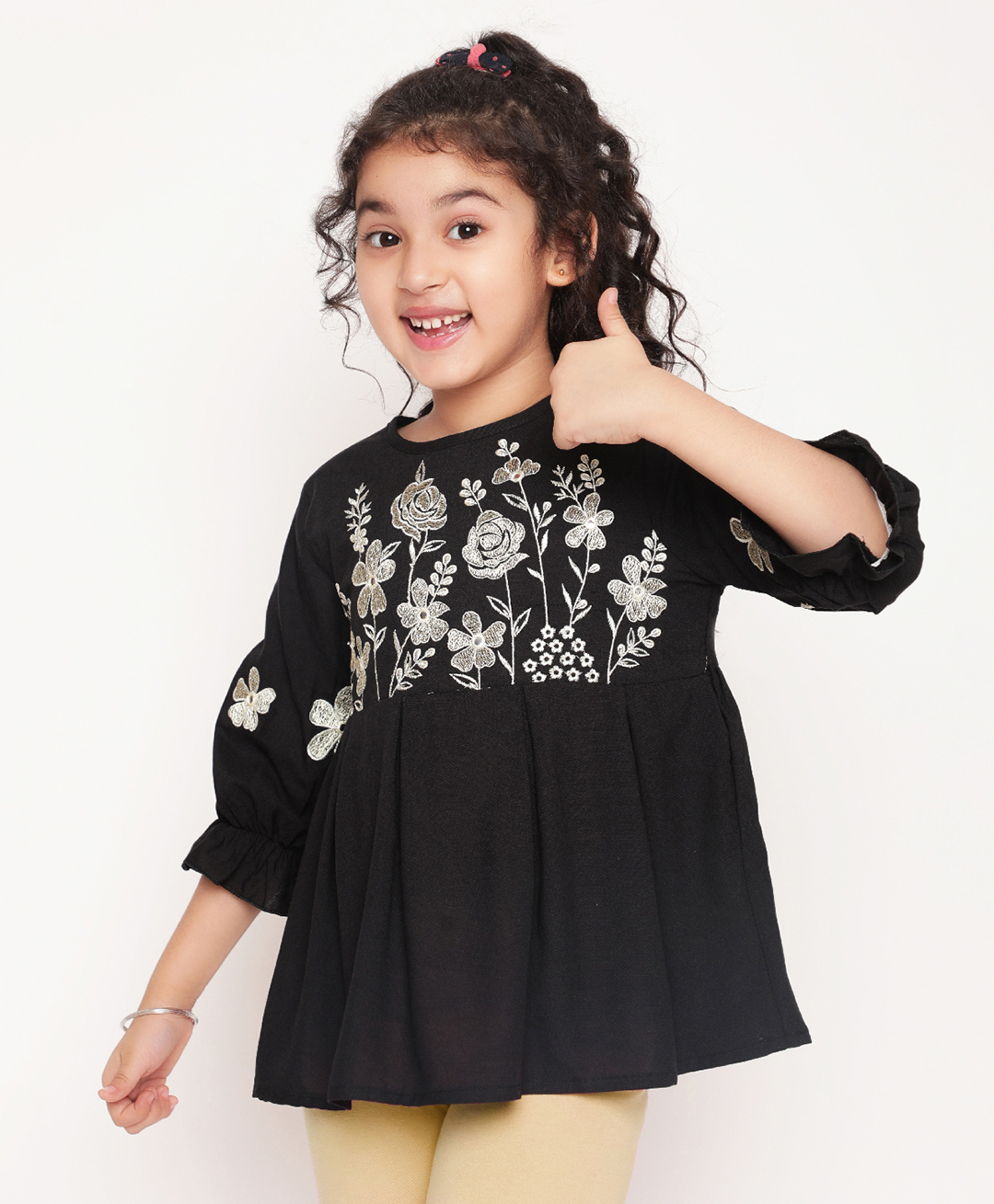 ISHTI Rayon Three Fourth Sleeves Floral Embroidered Top - Black-picture-25
