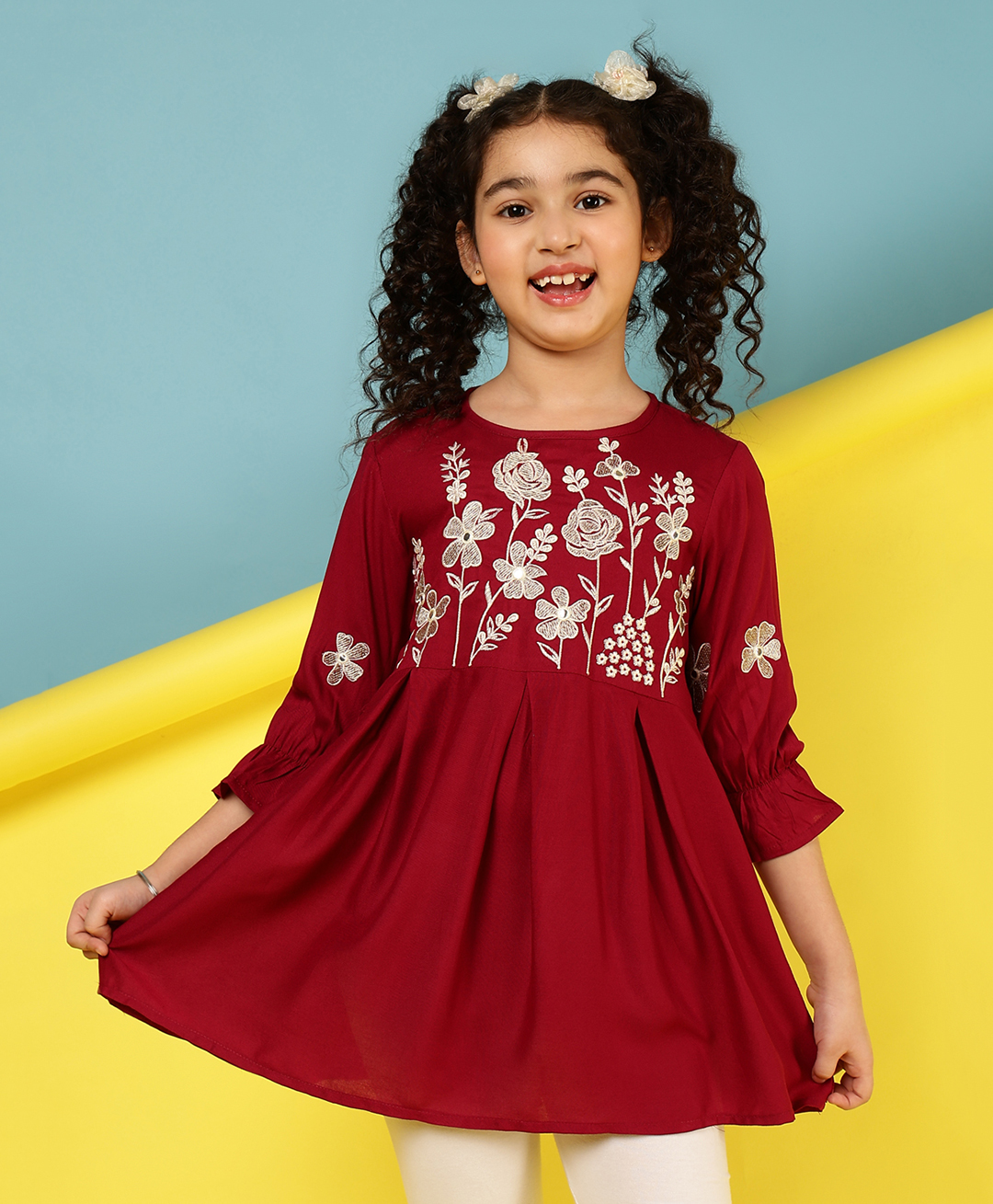 ISHTI Rayon Three Fourth Sleeves Floral Embroidered Top - Maroon-picture-28