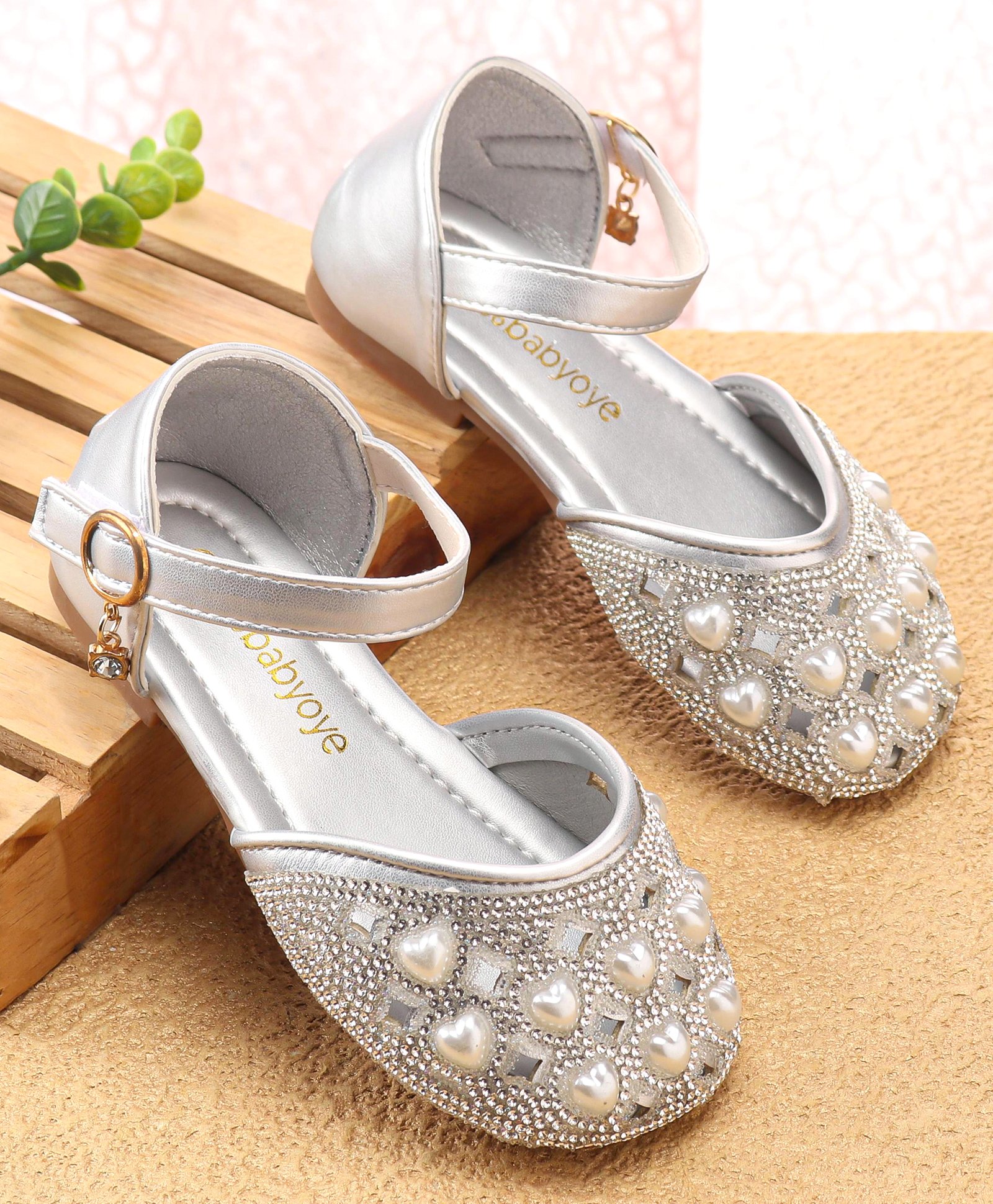 Babyoye Sandals with Backstrap Closure & Pearl Embellishments - Silver-picture-10