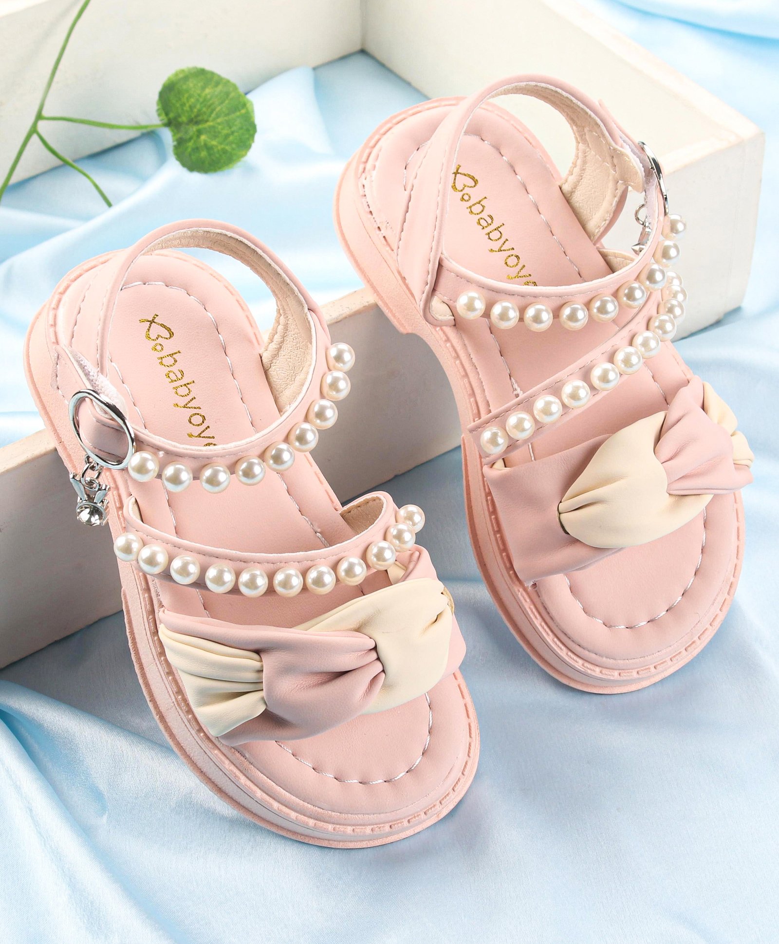 Babyoye Sandals with Bow & Pearl Detailing with Buckle Closure - Pink