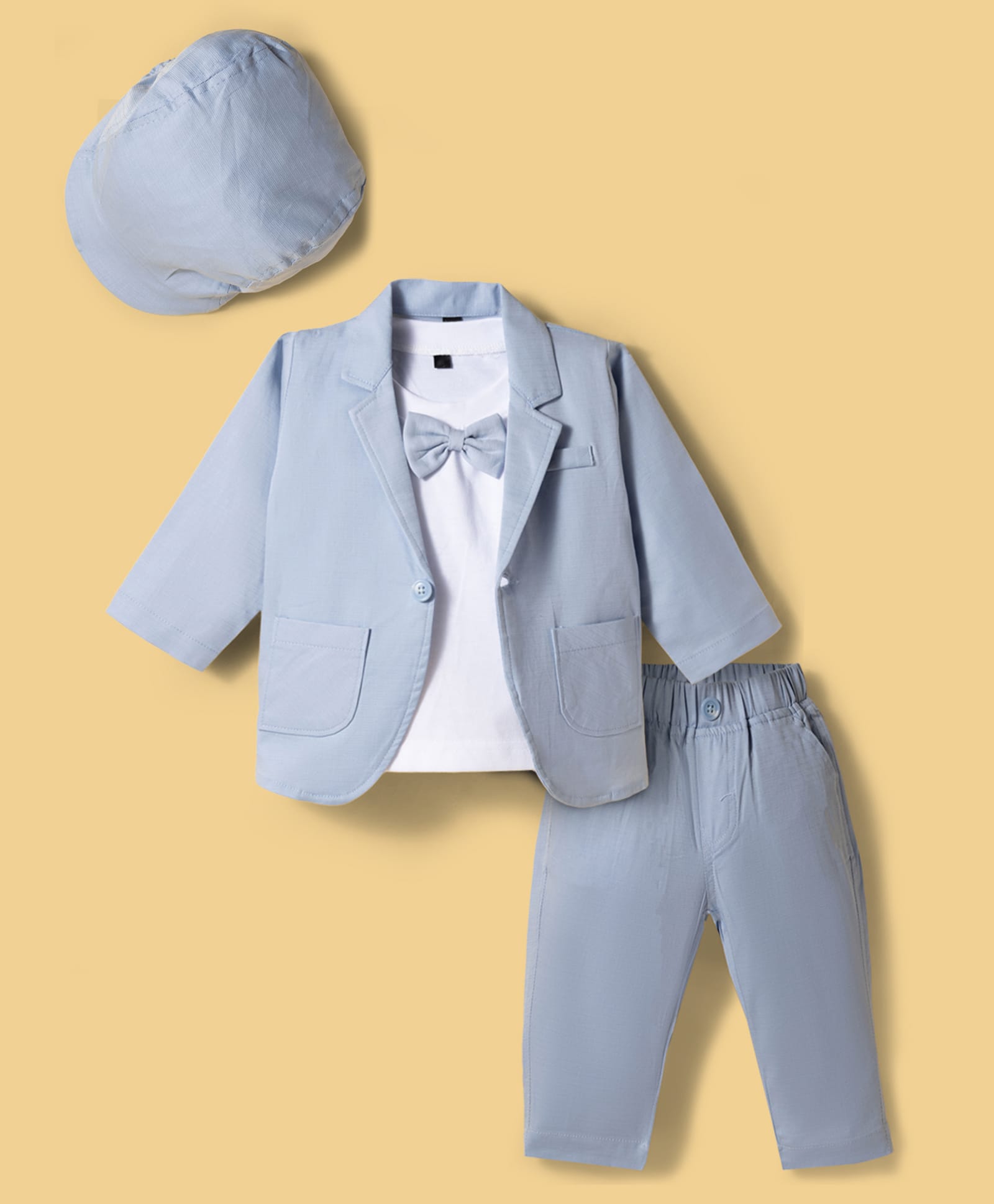 Robo Fry Lycra Knit Full Sleeves Solid Colour Party Blazer with T-Shirt & Trouser Cap Bow Applique - Sky Blue-image-26