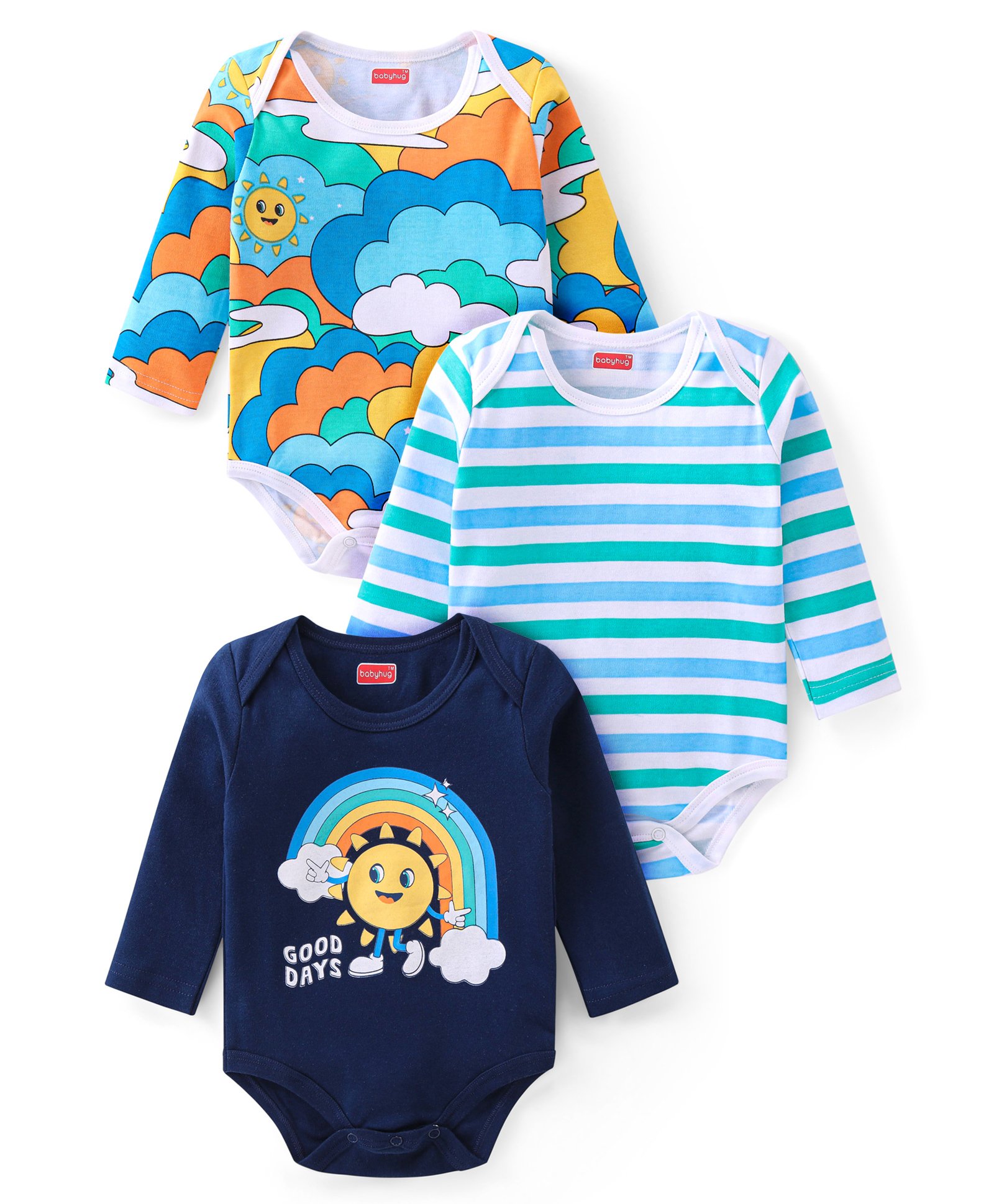 Babyhug 100% Cotton Full Sleeves Onesies Clouds Print Pack of 3 - Blue-image-48