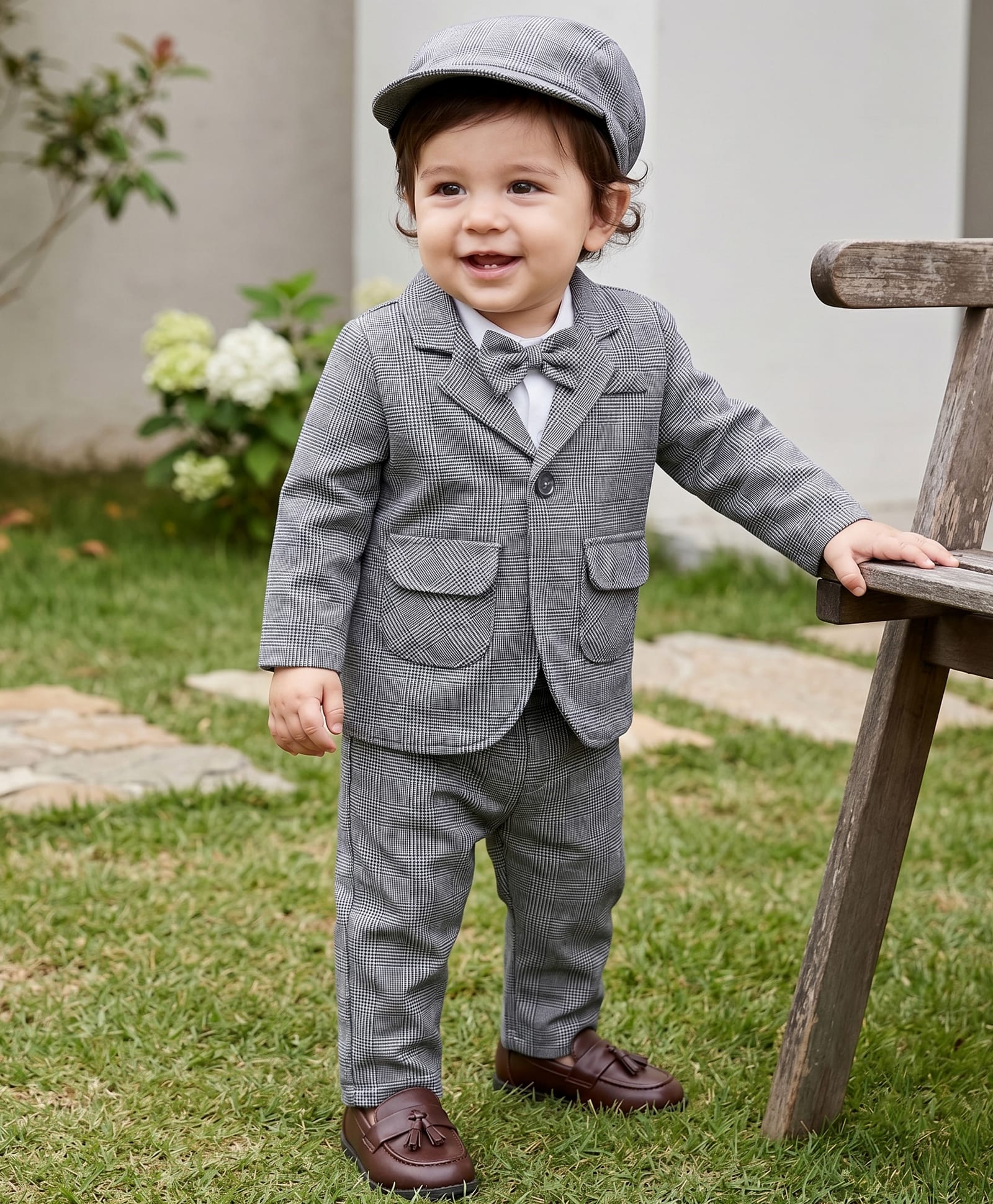 Robo Fry Lycra Knit Full Sleeves CheckeredBlazerT-Shirt & Trouser Set with Attached Bow & Hat - Grey-image-48
