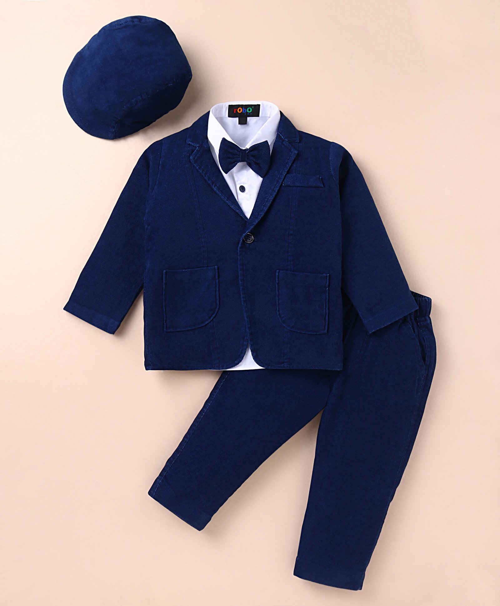 Robo Fry Lycra Knit Full Sleeves Solid Color 3 Piece Party Suit with Bow & Hat - Navy Blue-image-49