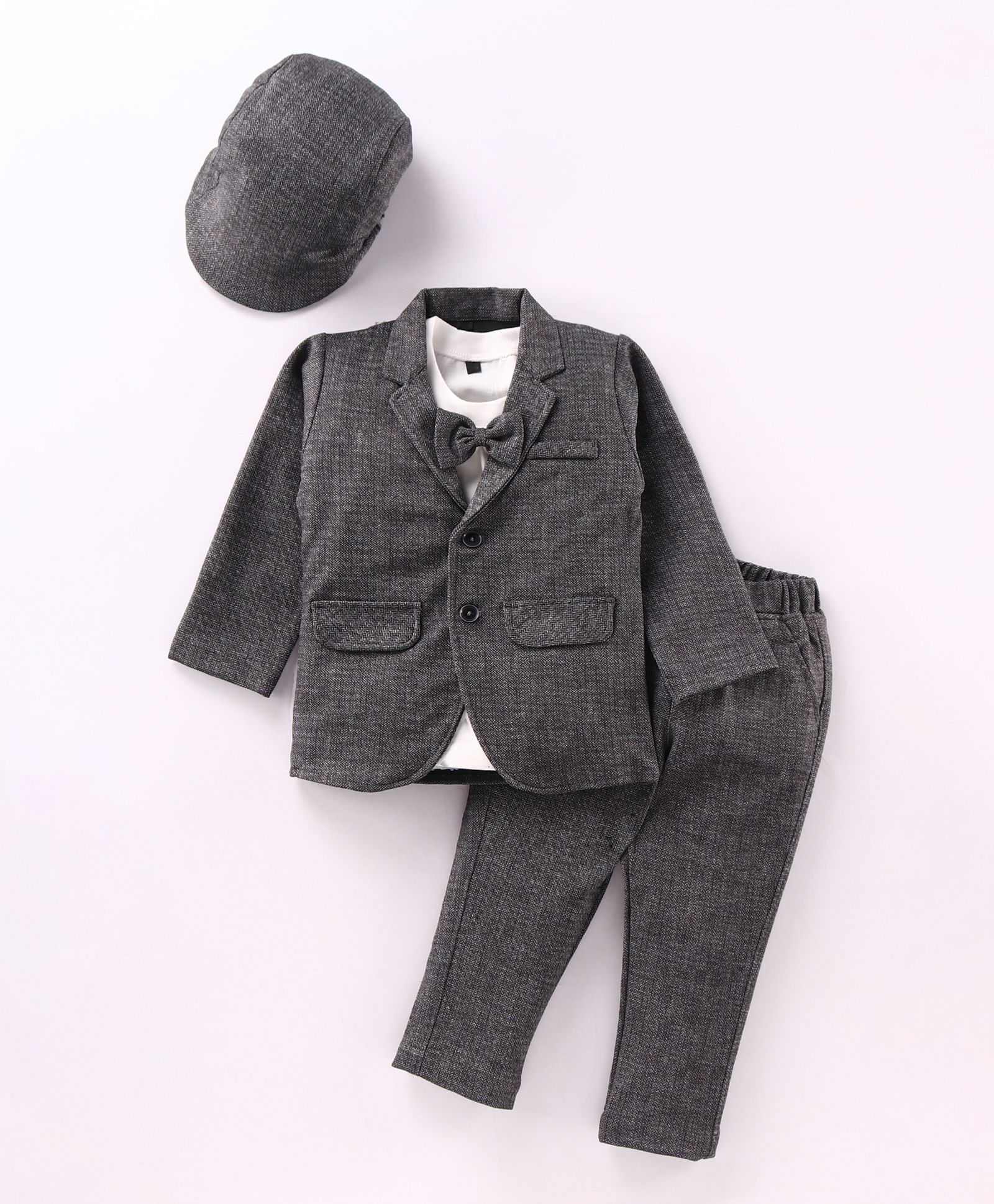 Robo Fry Lycra Knit Full Sleeves Solid Colour Blazer T-Shirt & Trouser Set with Bow & Hat - Light Blue-picture-24
