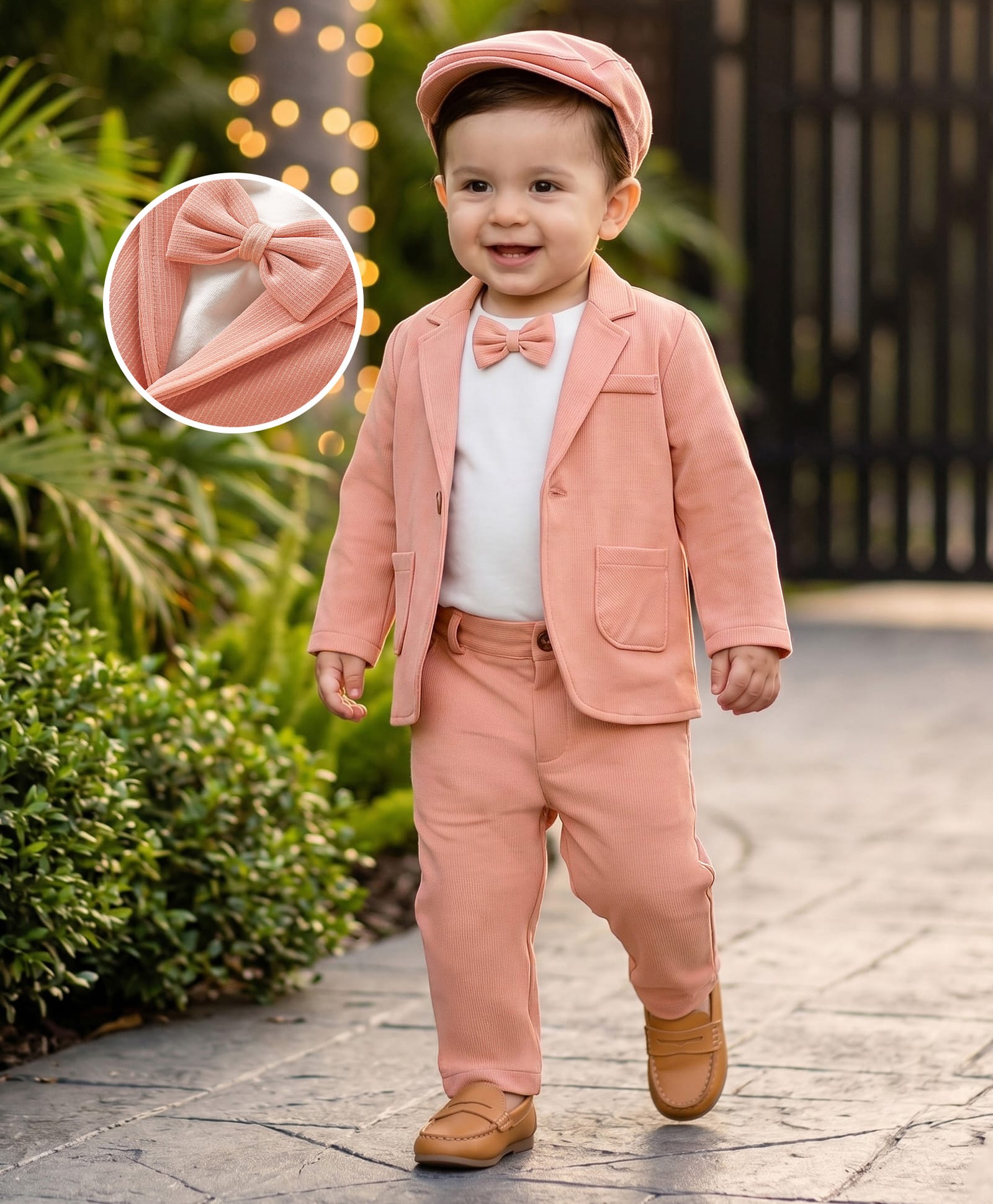 Robo Fry Knit Full Sleeves Striped T-Shirt & Trouser Set with Hat Blazer & Attached Bow - Peach-picture-14
