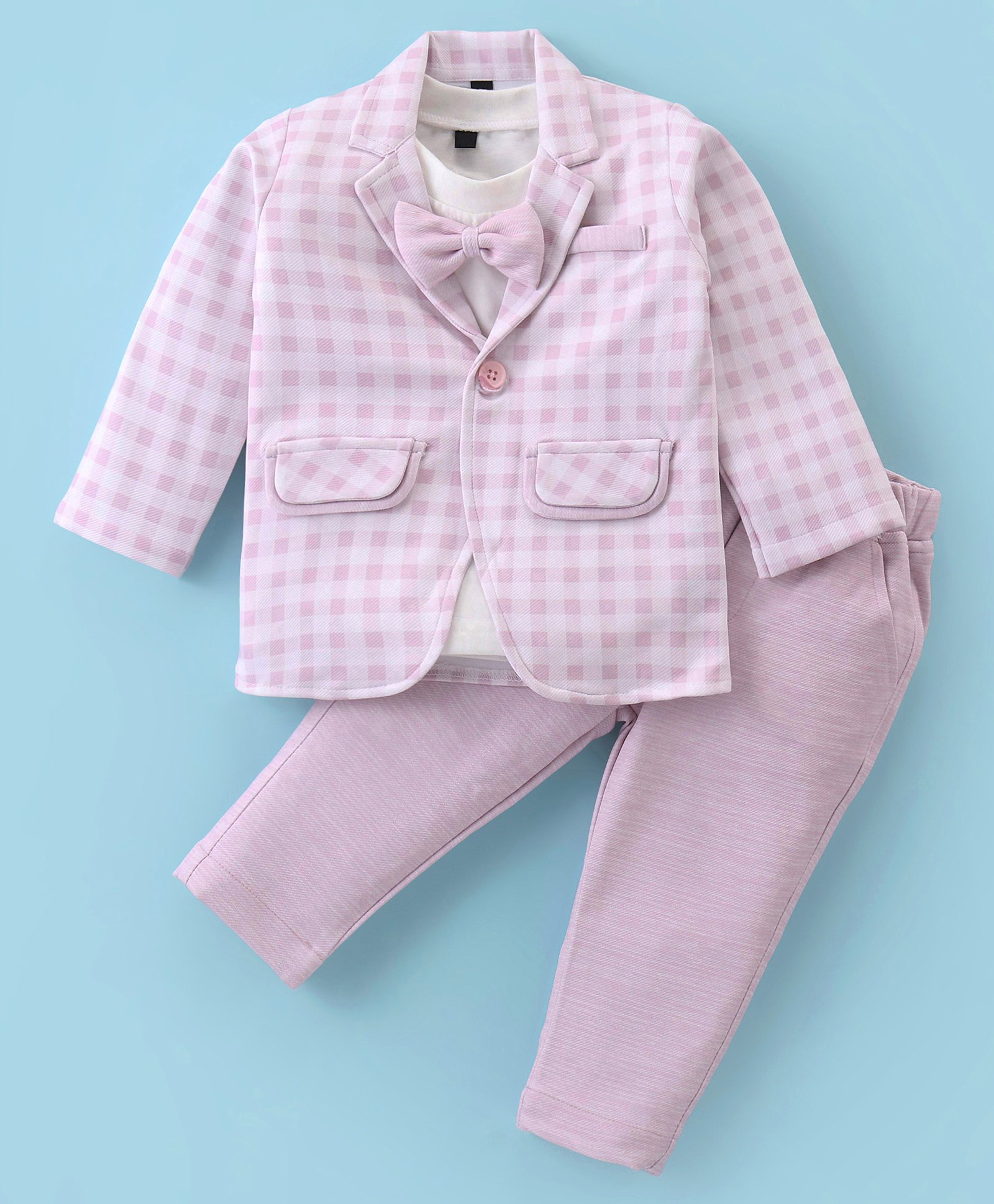 Robo Fry Lycra Knit Full Sleeves Checkerd Blazer with T-Shirt & Trouser Set - Pink-picture-36
