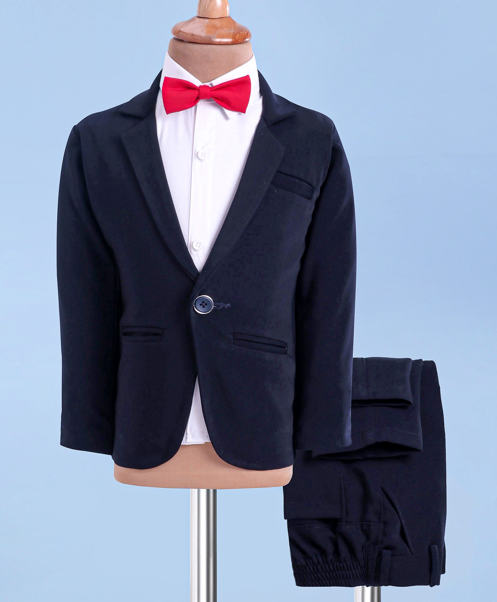 Robo Fry Woven Full Sleeves 3 Piece Party Suit with Bow - Navy Blue-image-46