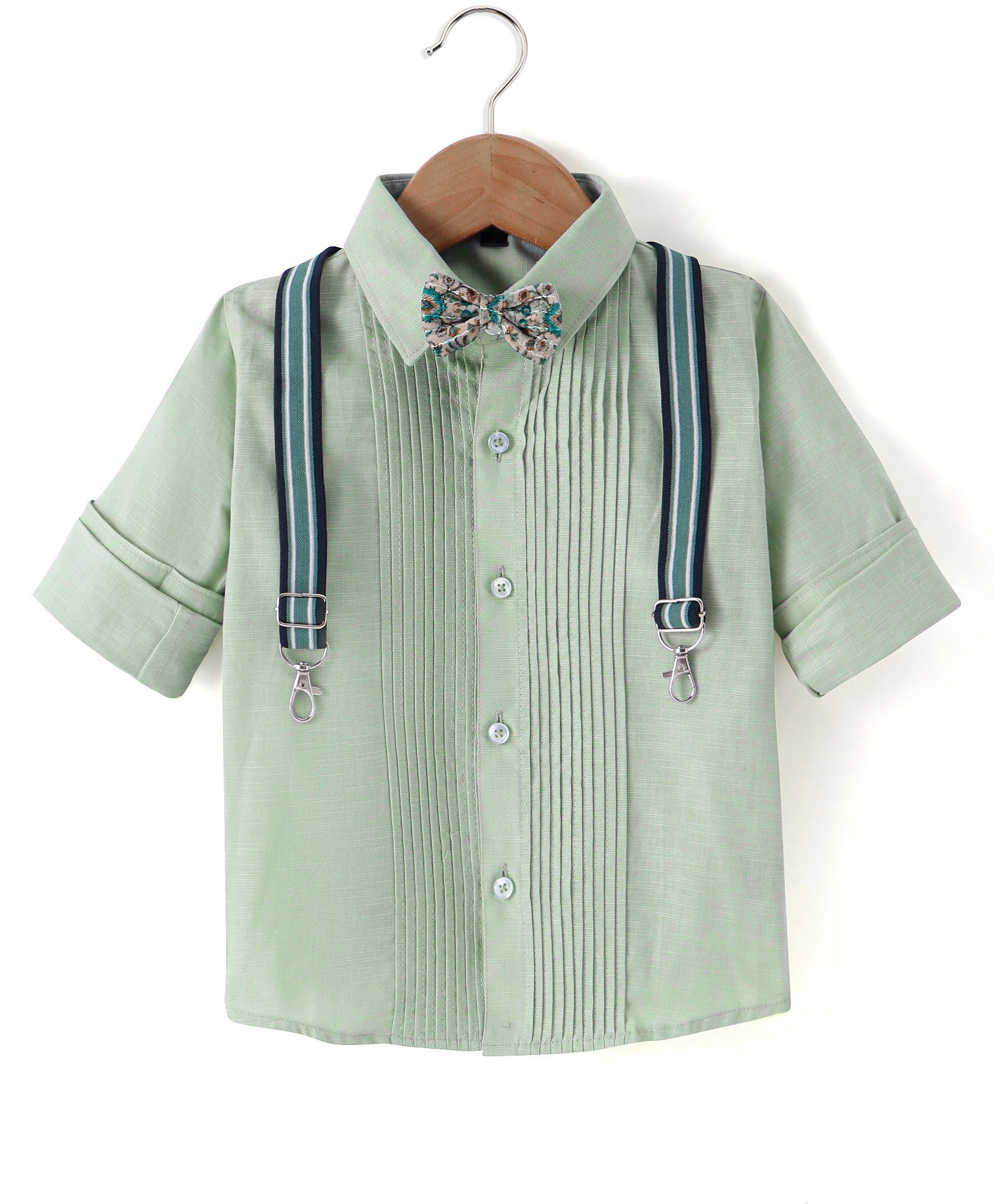 Robo Fry Cotton Woven Full Sleeves Solid Colour Party Shirt with Bow & Suspender - Mint-picture-37
