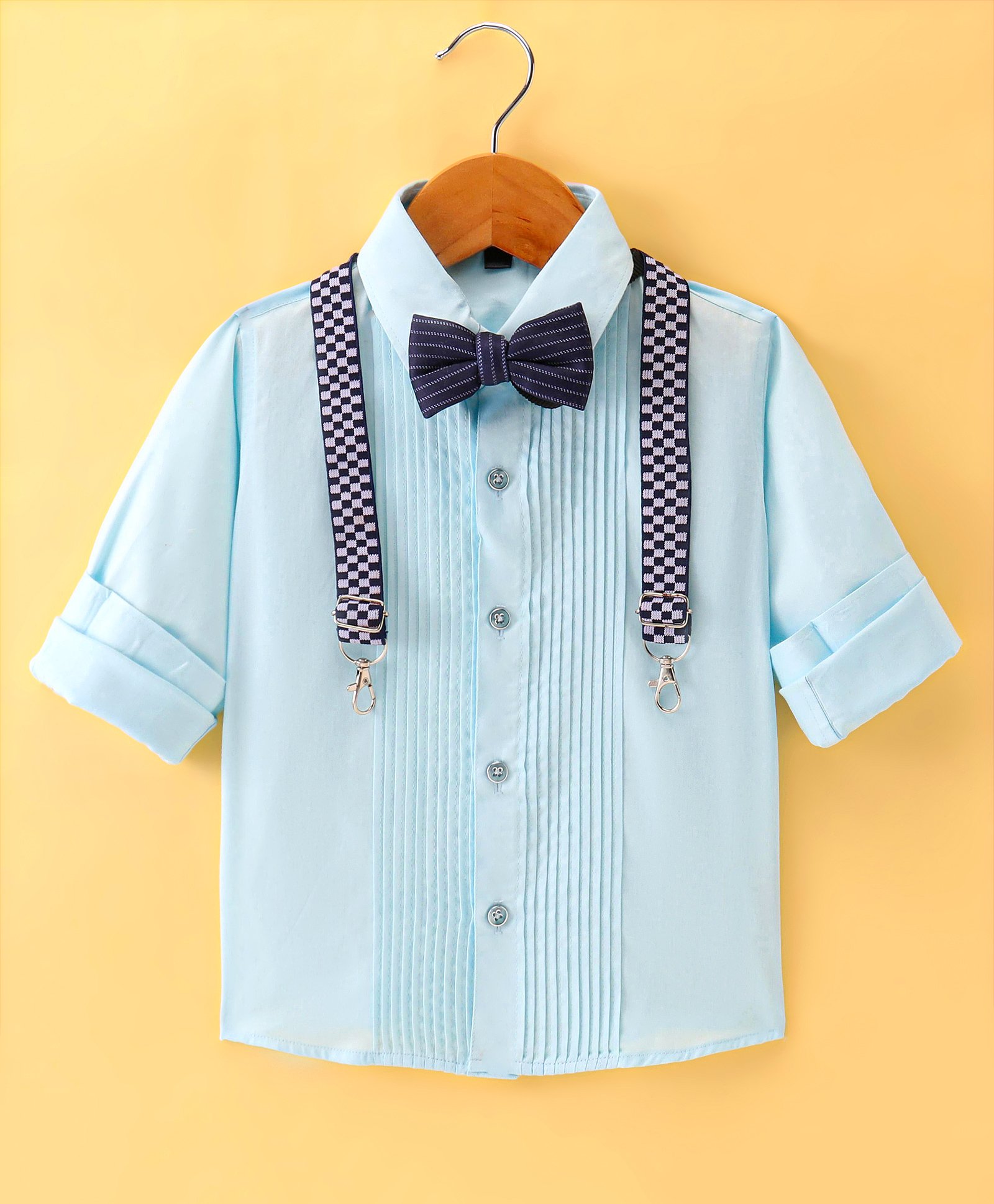 Robo Fry Cotton Woven Full Sleeves Solid Colour Party Shirt with Bow & Suspender - Sky Blue-picture-31