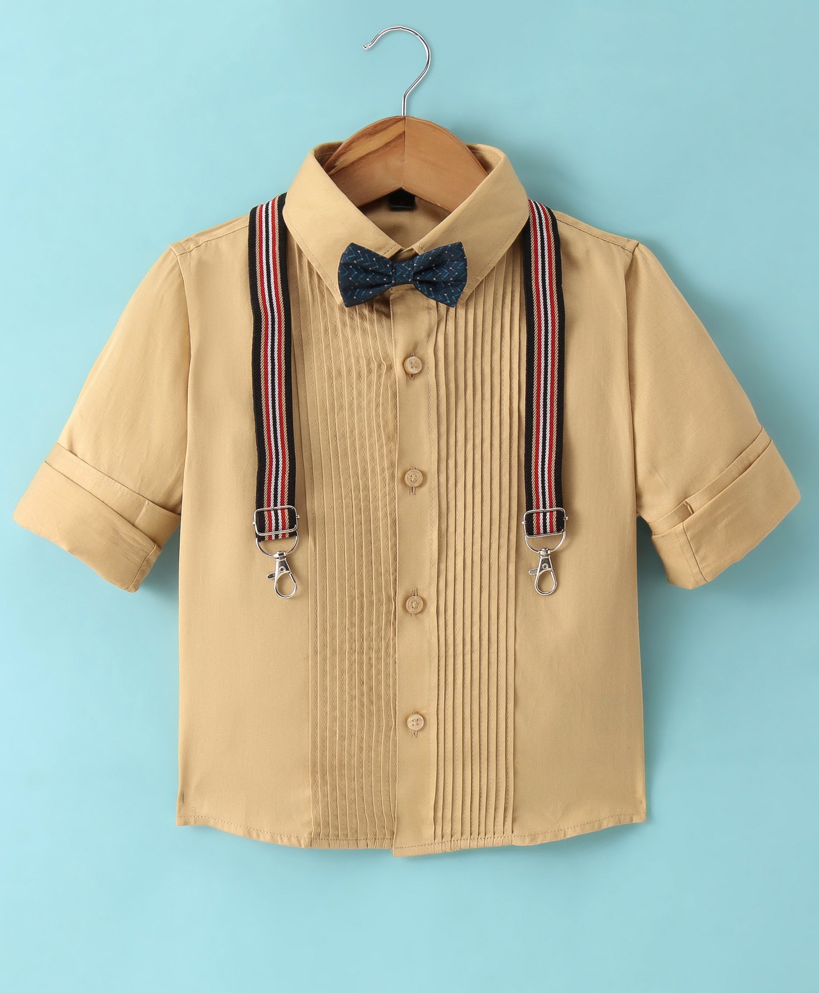 Robo Fry Cotton Woven Full Sleeves Solid Colour Party Shirt with Bow & Suspender - Beige-picture-32