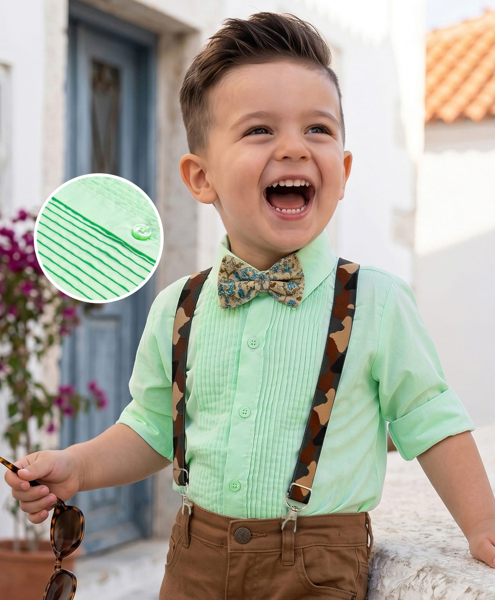 Robo Fry Cotton Woven Full Sleeves Solid Colour Party Shirt with Bow & Suspender - Green-picture-34