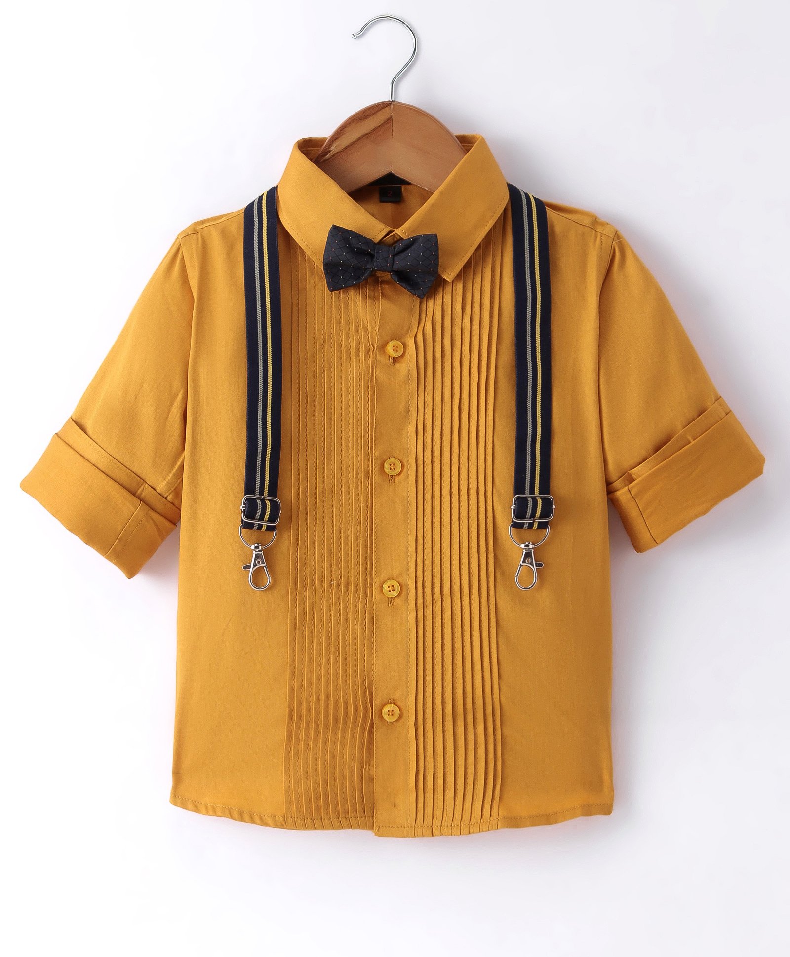 Robo Fry Cotton Woven Full Sleeves Solid Colour Party Shirt with Bow & Suspender - Golden-picture-36