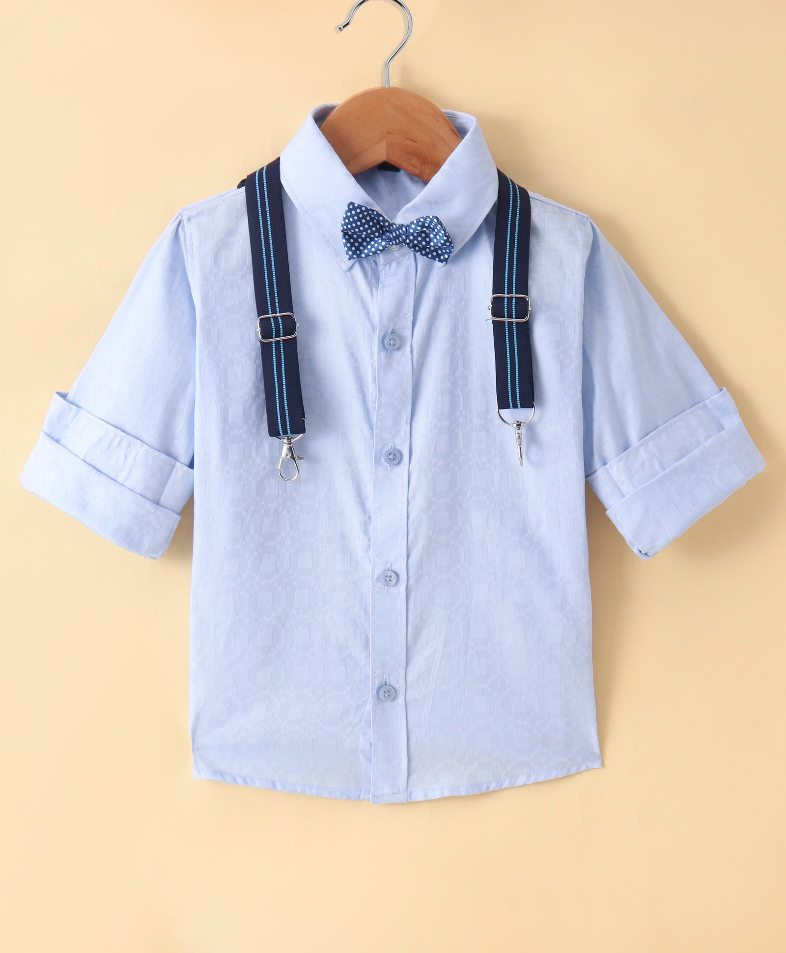 Robo Fry Woven Full Sleeves Solid Colour Shirt with Bow & Suspender - Sky Blue-picture-17