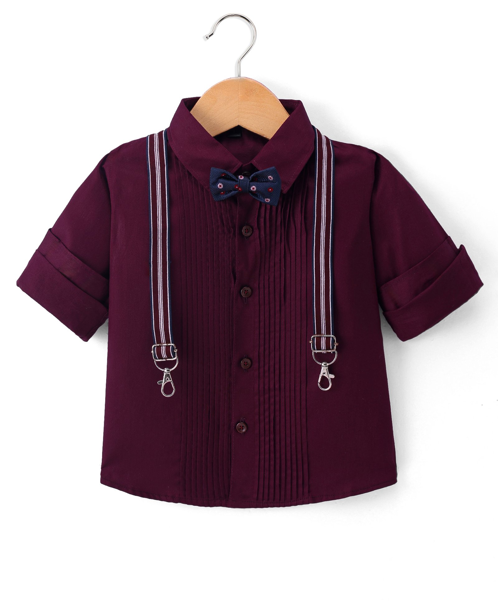 Robo Fry Cotton Woven Full Sleeves Solid Colour Party Shirt with Bow Suspender & Pinktucks Detailing - Maroon-picture-10