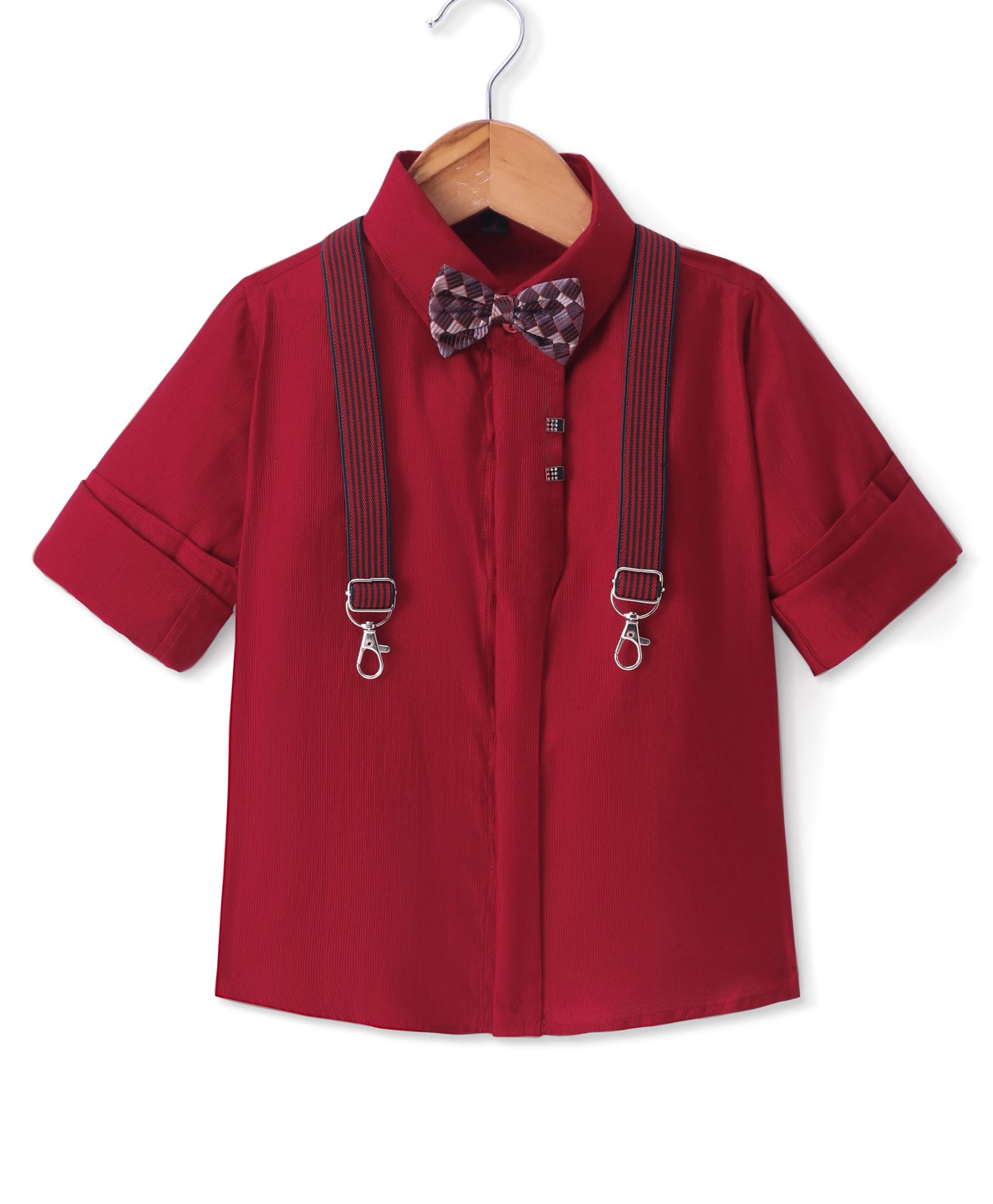 Robo Fry Cotton Woven Full Sleeves Solid Colour Party Shirt with Bow & Suspender - Maroon-picture-35