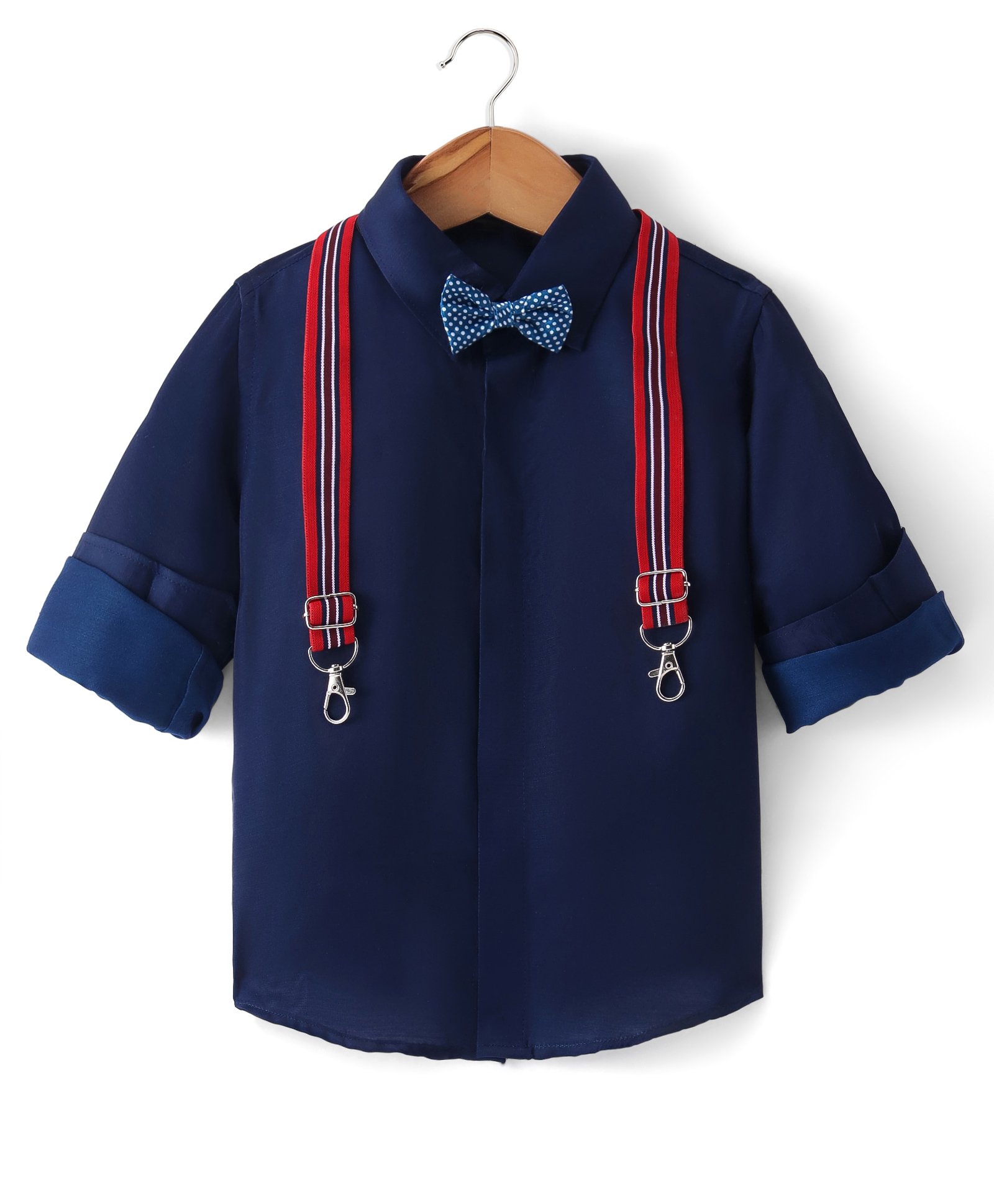Robo Fry Woven Full Sleeves Party Shirt With Bow & Suspender -Navy Blue-image-21