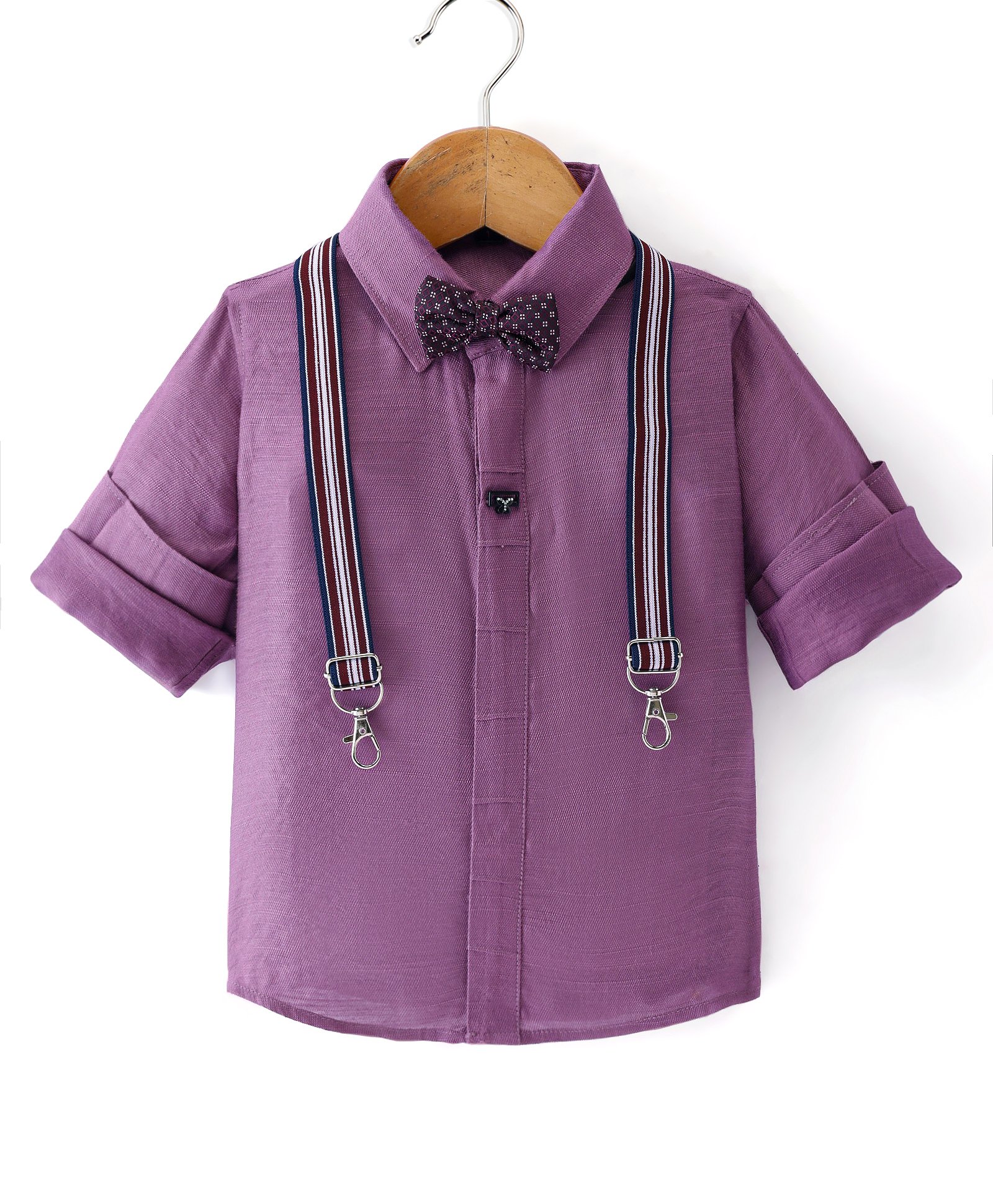 Robo Fry Woven Full Sleeves Solid Colour Party Shirt with Bow & Suspender - Purple-image-31