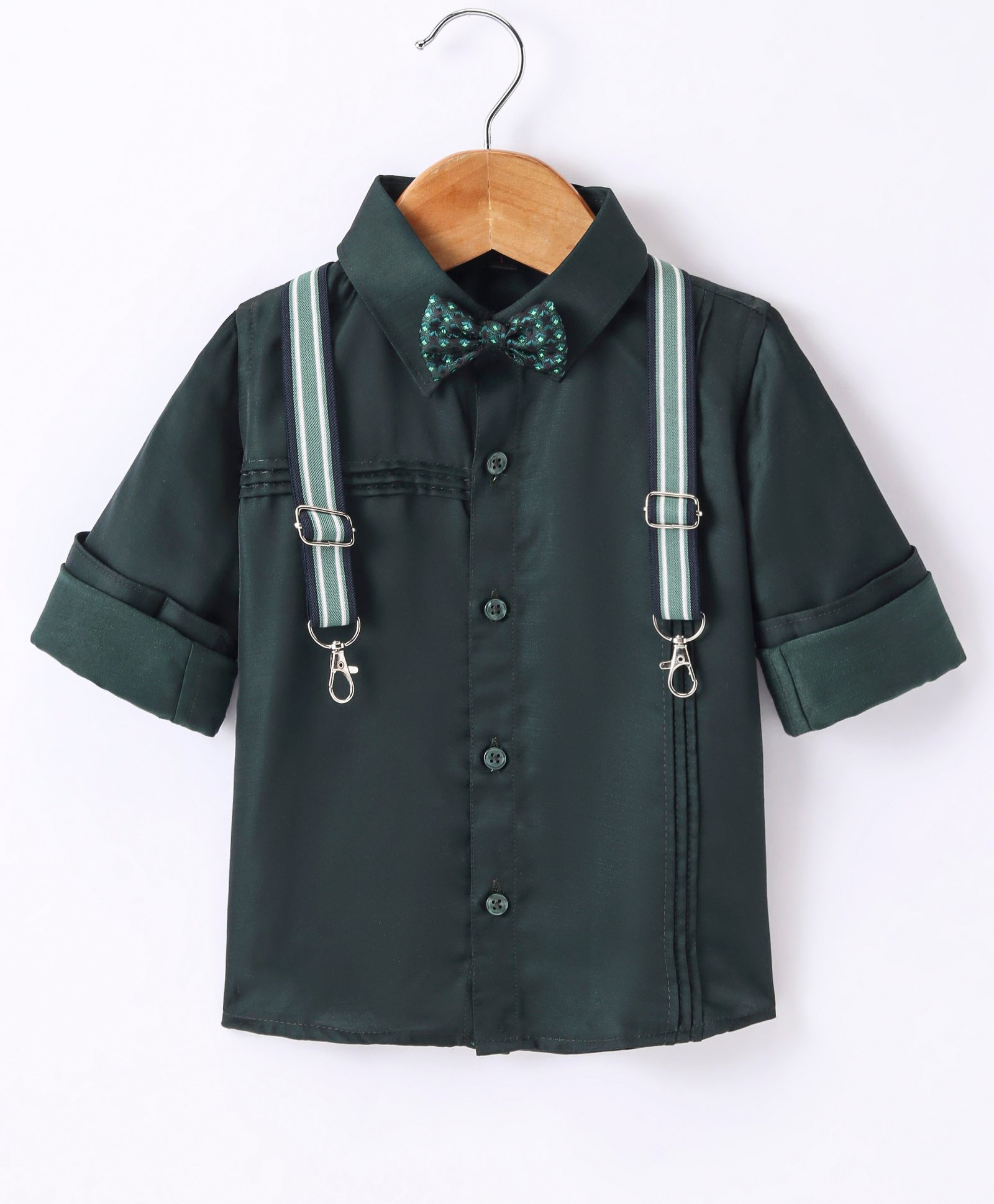 Robo Fry Full Sleeves Pleated Solid Party Shirt with Bow & Suspender - Dark Green-picture-22