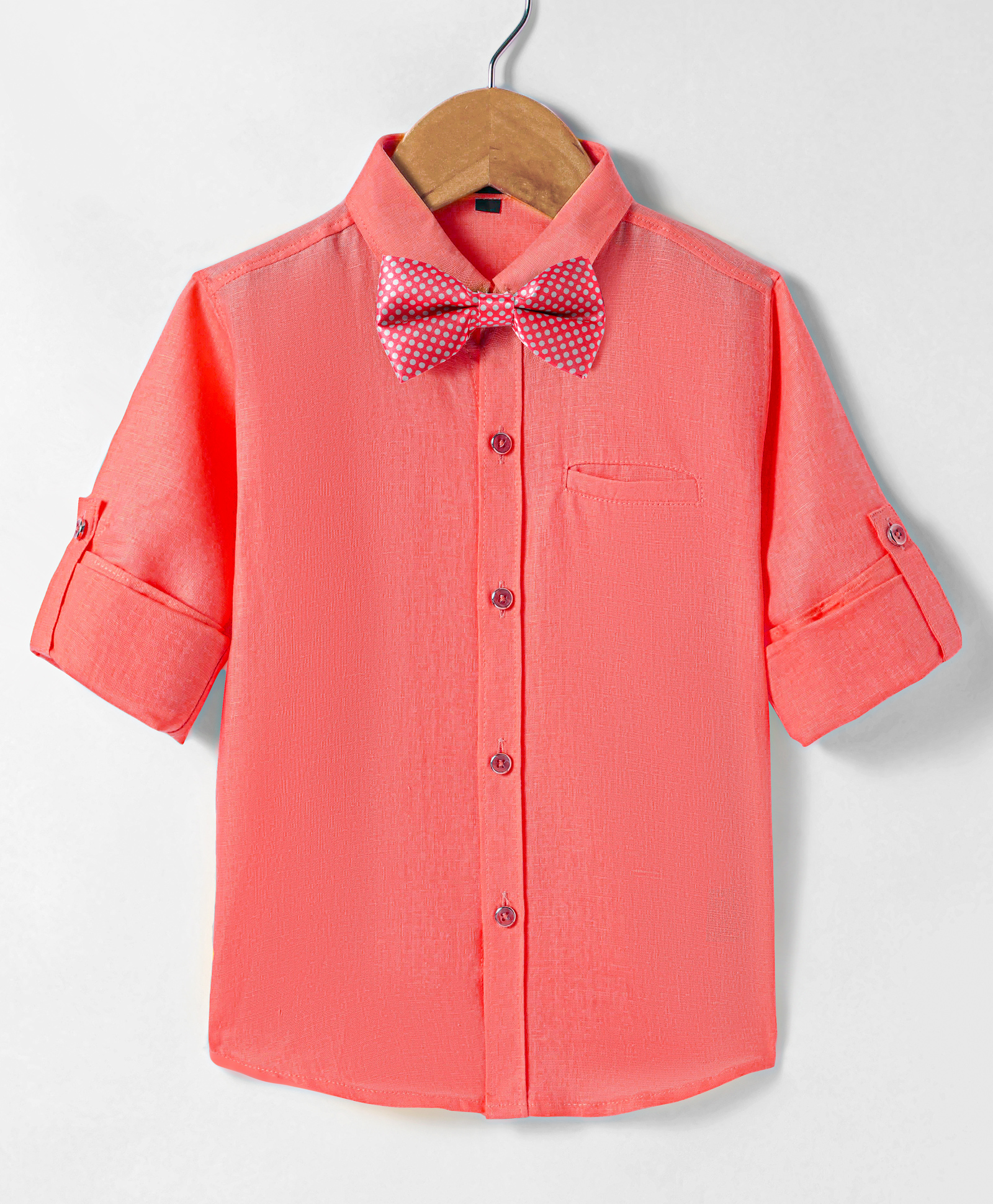 Robo Fry Woven Full Sleeves Solid Colour Party Shirt With Bow - Coral-picture-28