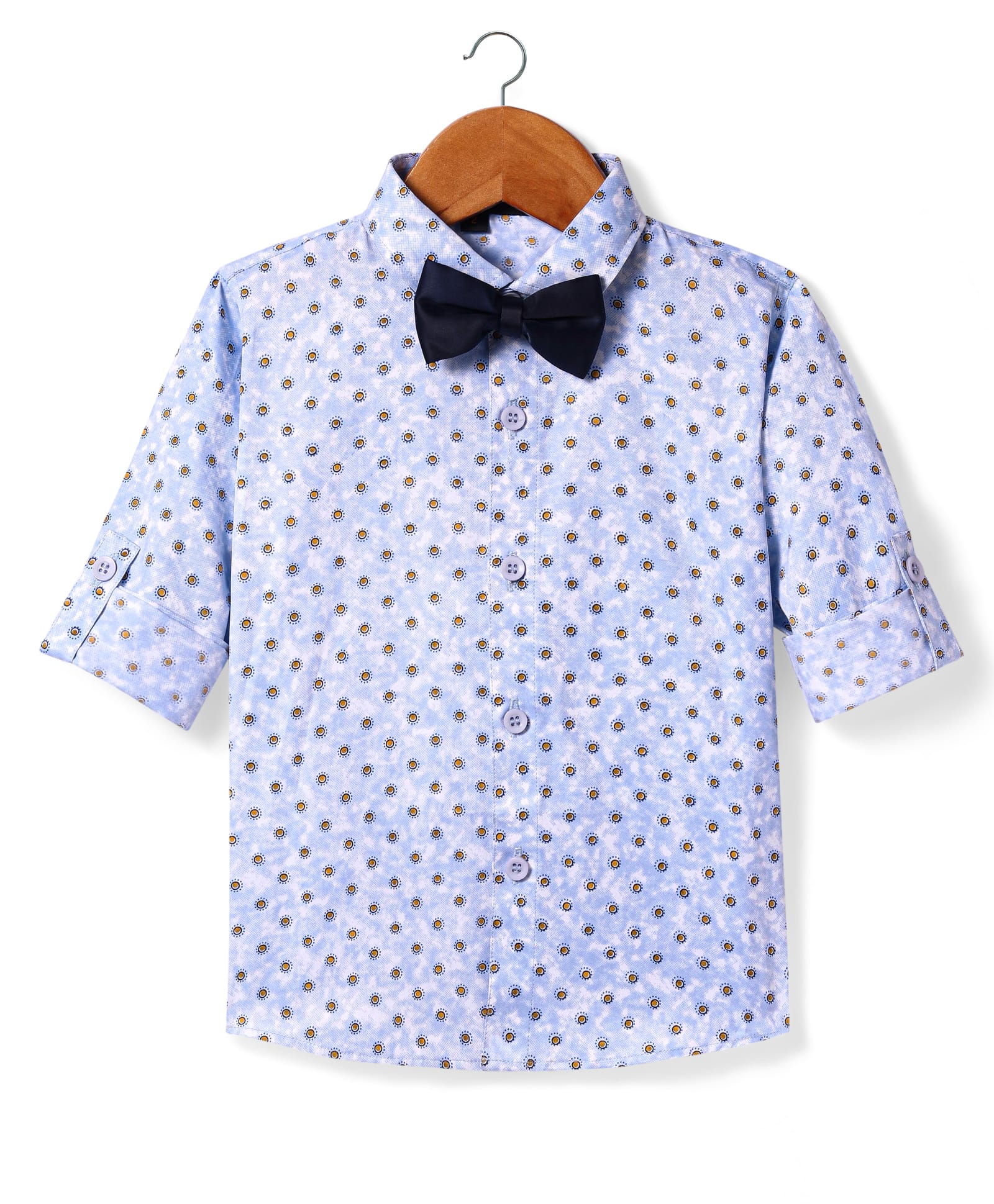 Robo FryWoven Full Sleeves Printed Party Shirt with Bow - Light Blue-image-12
