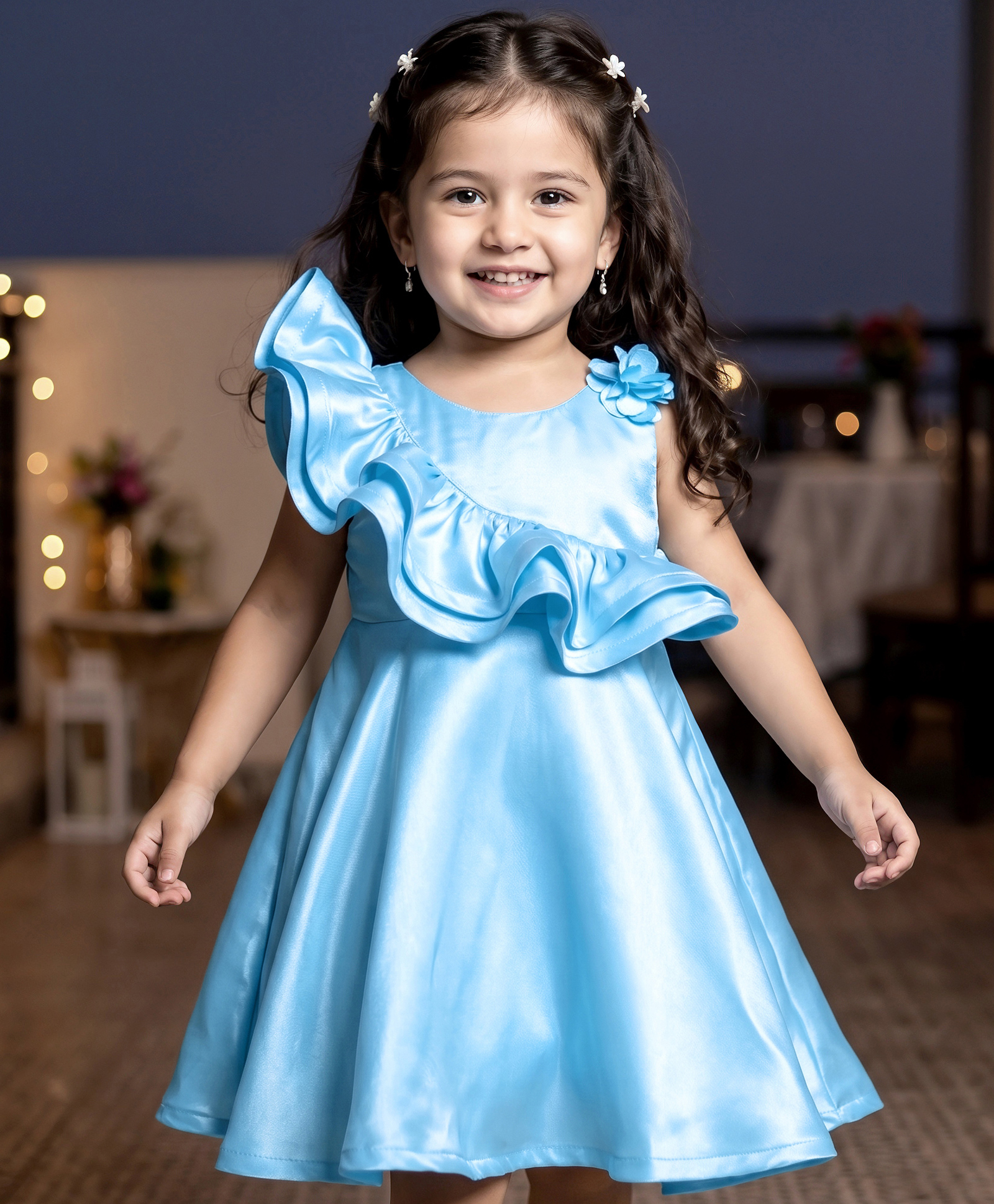Babyhug WovenOne Shoulder Sleeves Fit & Flared Solid Color Party Frock with Ruffle & Floral Corsage - Light Blue-image-15