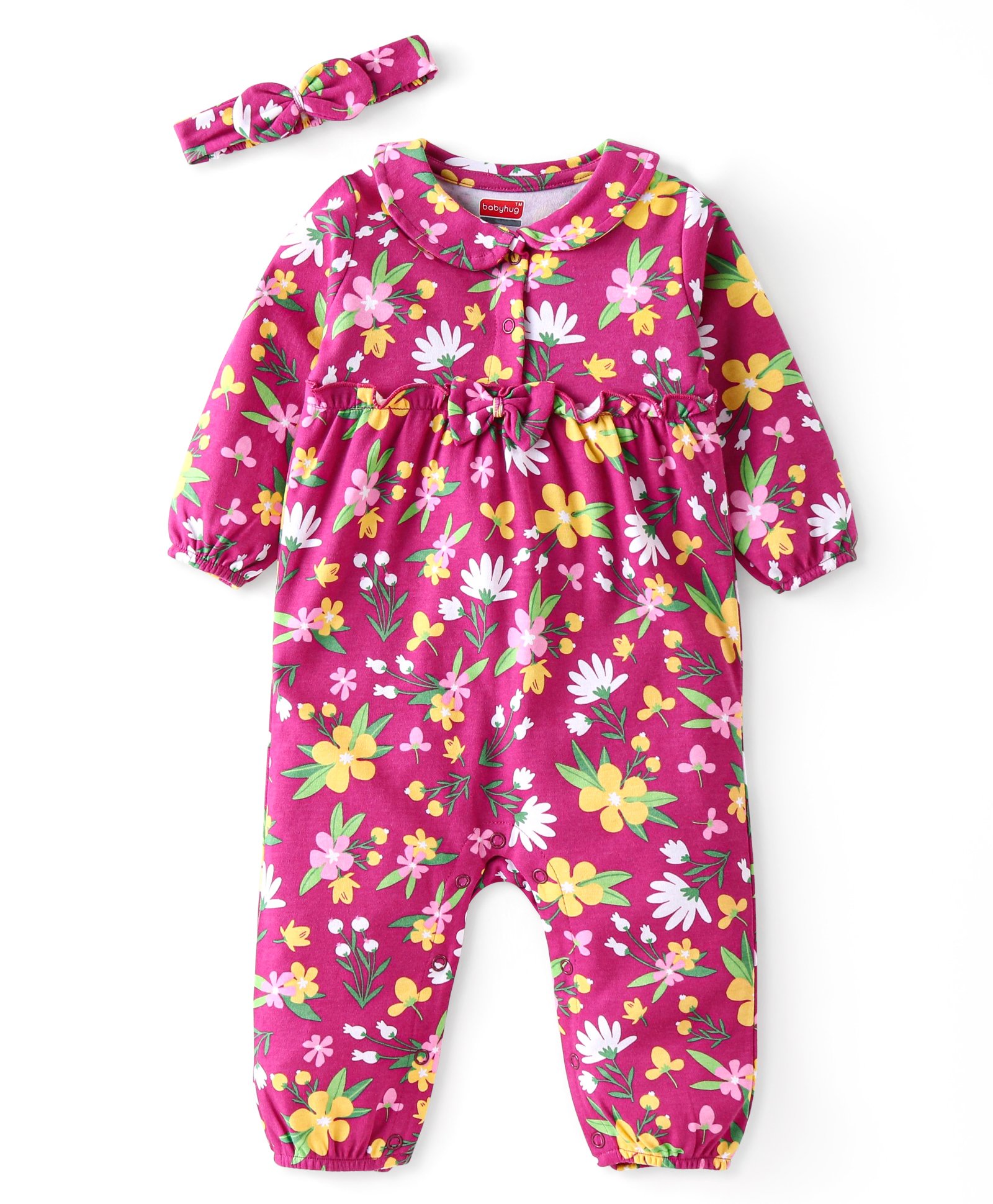 Babyhug 100 % Cotton Full Sleeves Romper with Bow Applique & Headband Floral Print - Red-image-14
