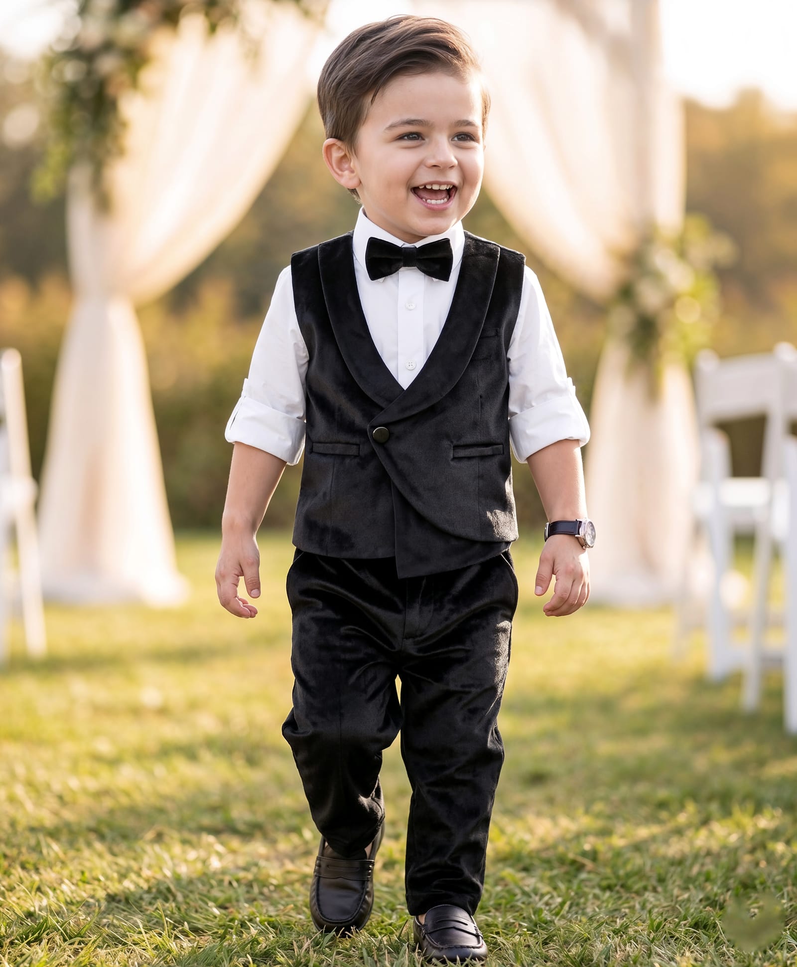Robo Fry Velvet Knit Full Sleeves Solid Colour 3 Piece Party Suit With Bow - Black-picture-10