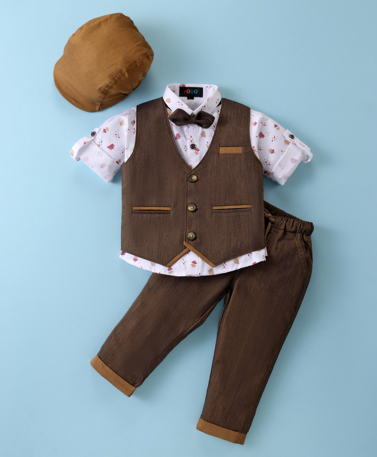 Robo Fry Cotton Lycra Full Sleeves Three Piece Party Suit With Hat - Gold-picture-9