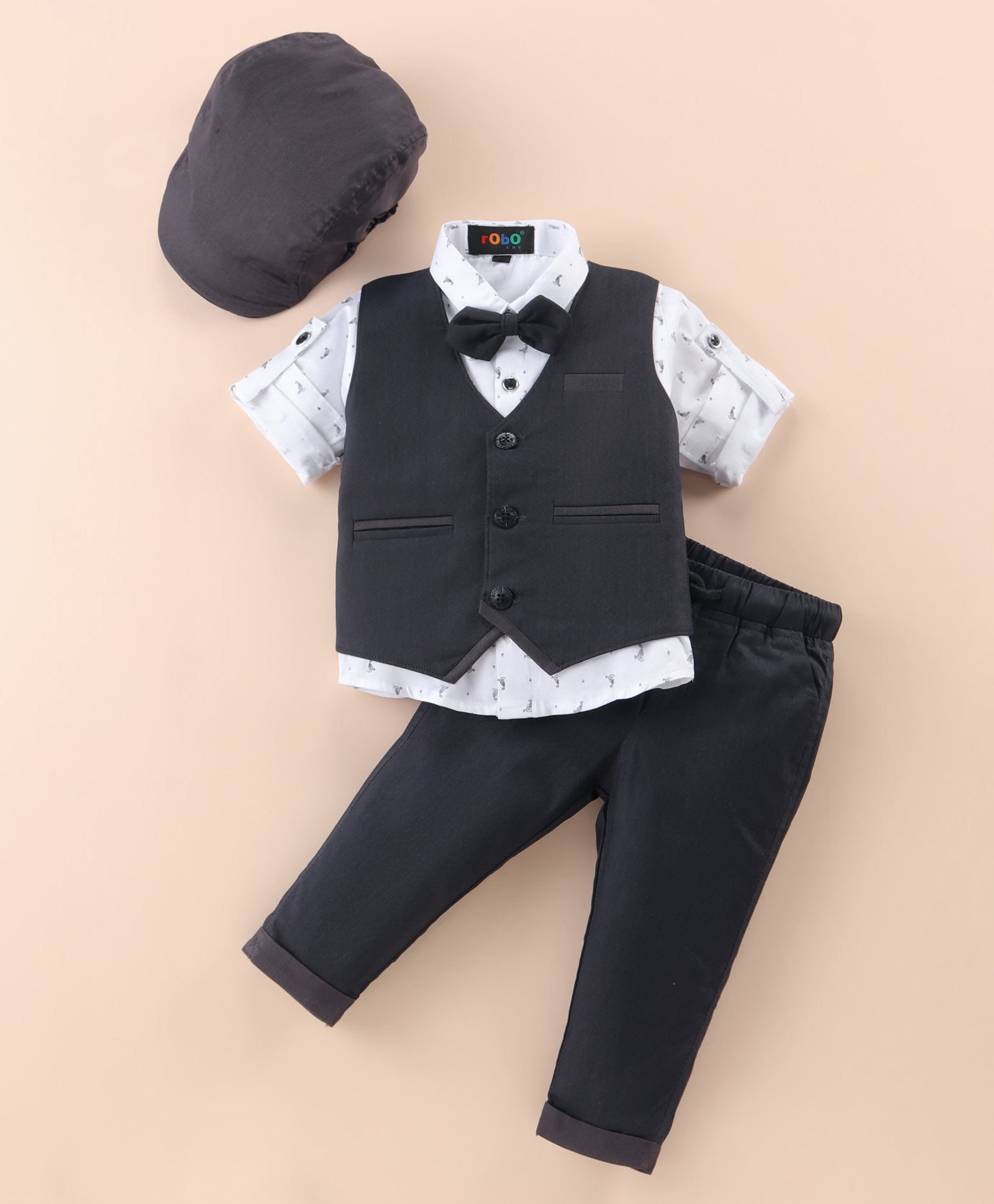 Robo Fry Cotton Lycra Full Sleeves Three Piece Party Suit With Hat - Dark Grey-image-14