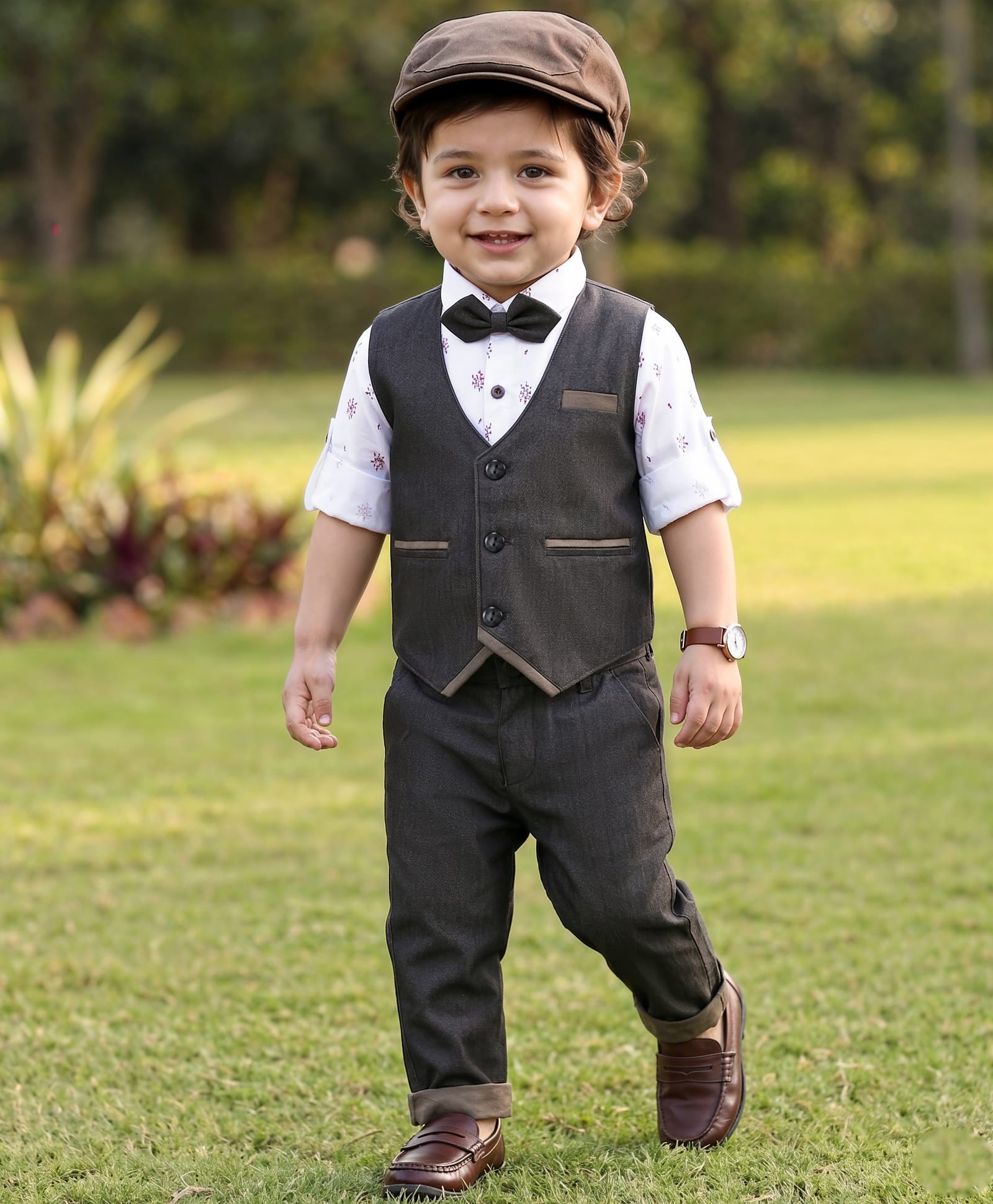 Robo Fry Cotton Lycra Full Sleeves Three Piece Party Suit With Hat - Brown-picture-26