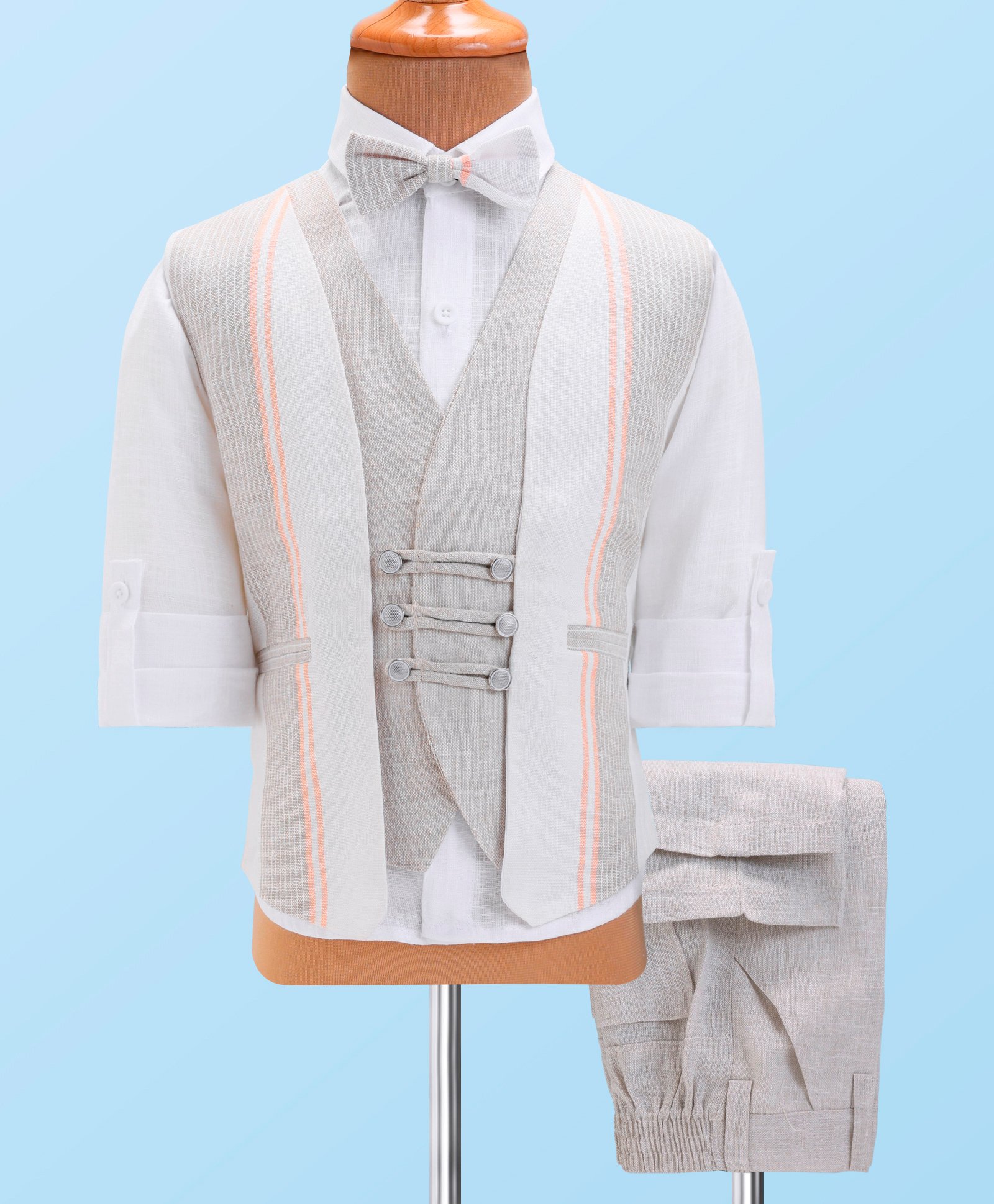 Robo Fry Linen Knit Full Sleeves 3 Piece Party Suit With Bow - White-picture-32