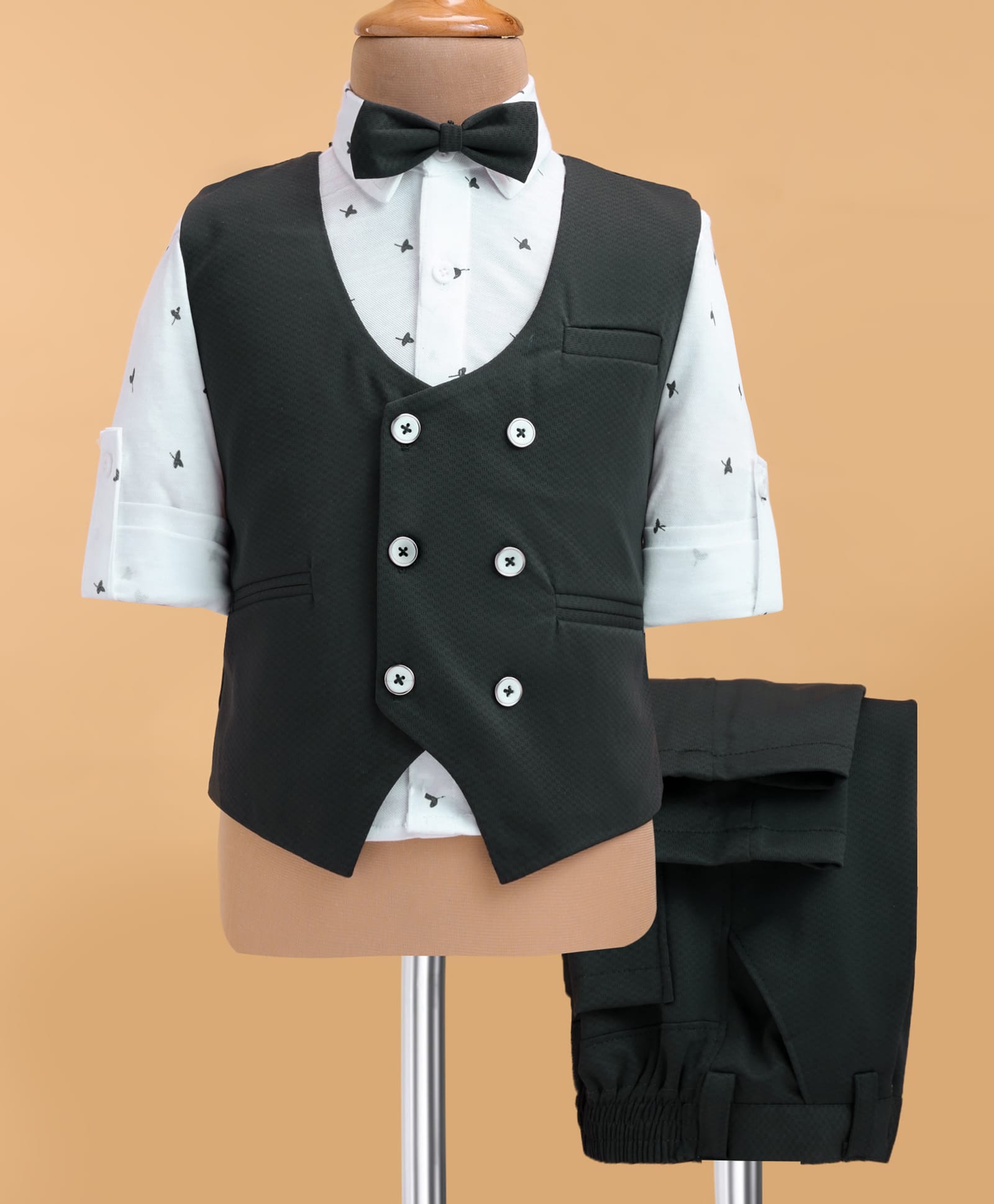 Robo Fry Lycra Knit Full Sleeves Printed Party Suit with Bow - Black-picture-37