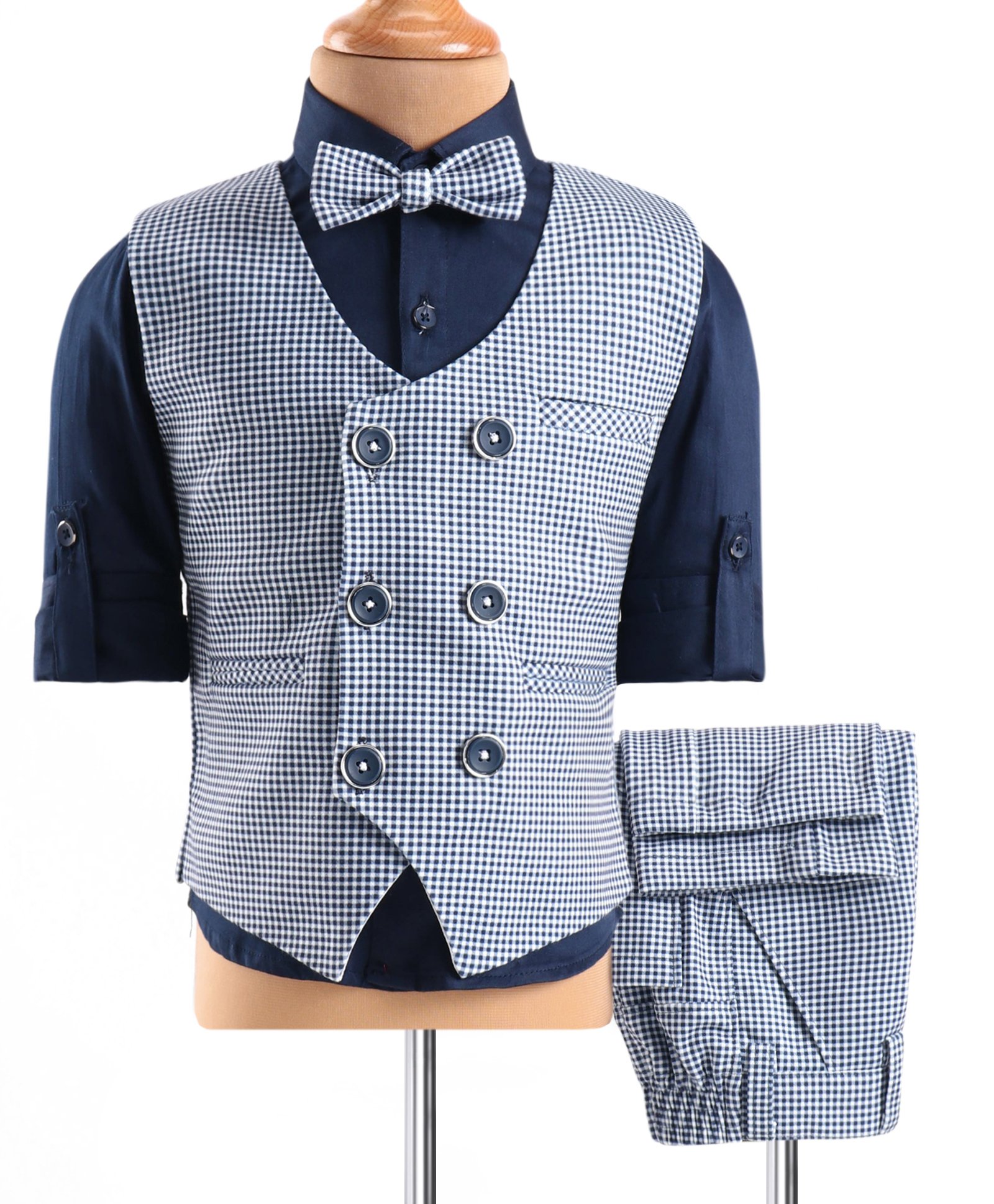 Robo Fry Lycra Knitted Full Sleeves Solid Colour 3 Piece Party Suit with Bow & Texture Design - Blue-picture-19