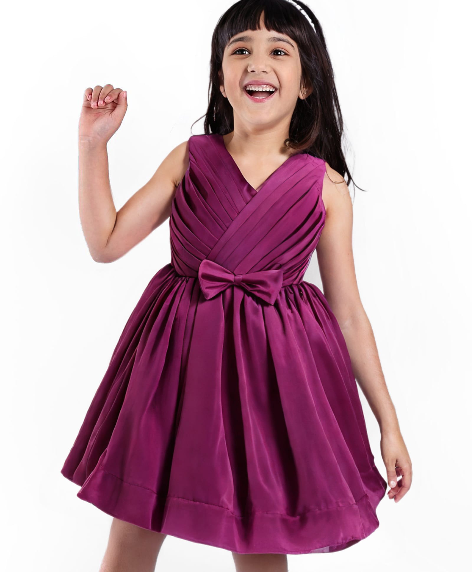 Babyhug Woven Sleeveless Solid Colour Party Dress With Bow Applique - Wine-image-7