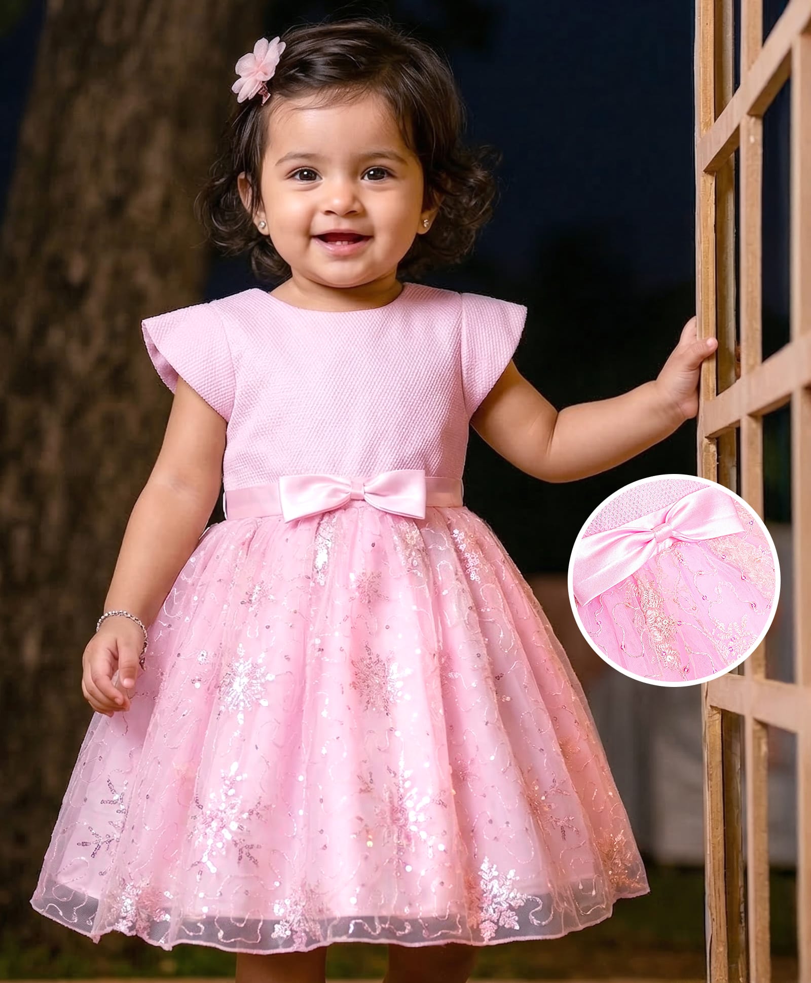 Babyhug Woven Cap Sleeves Fit & Flared Sequined Embroidered Party Frock & Bow Applique - Peach-image-10
