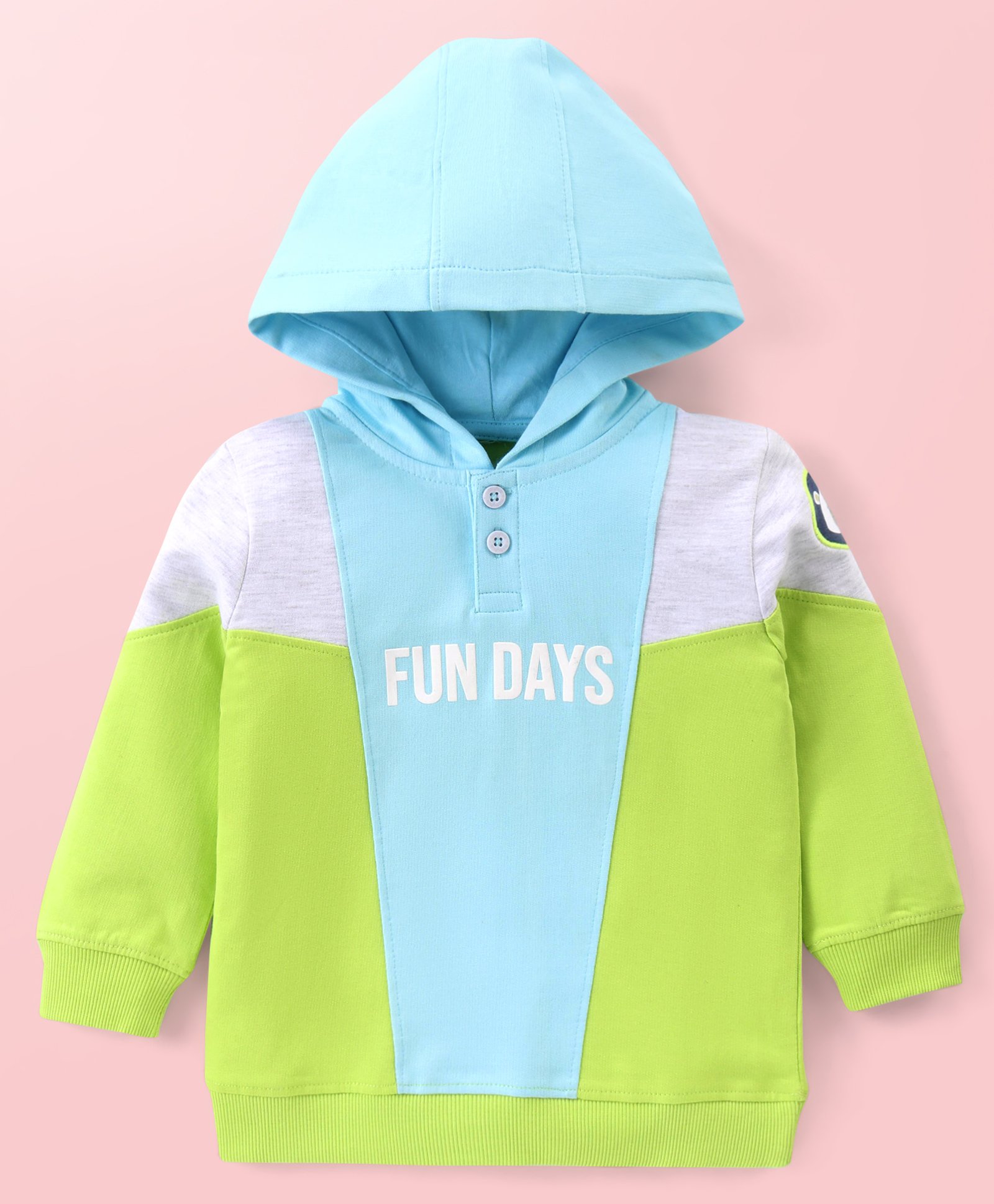 Babyhug Cotton Knit Full Sleeves Hooded Sweatshirt with Text Print & Cut & Sew Design - Blue & Lime Green-image-25