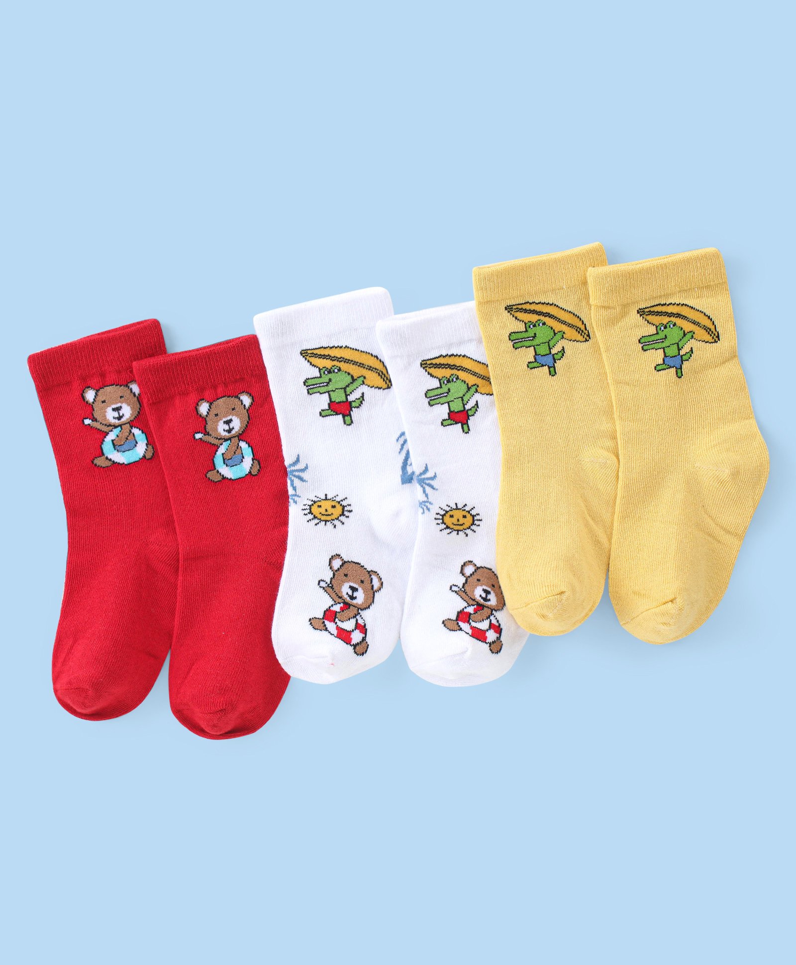 Cute Walk by Babyhug Knit Anti-Bacterial Ankle Length Socks with Bear & Crocodile Design Pack of 3 - Red White & Yellow-image-27