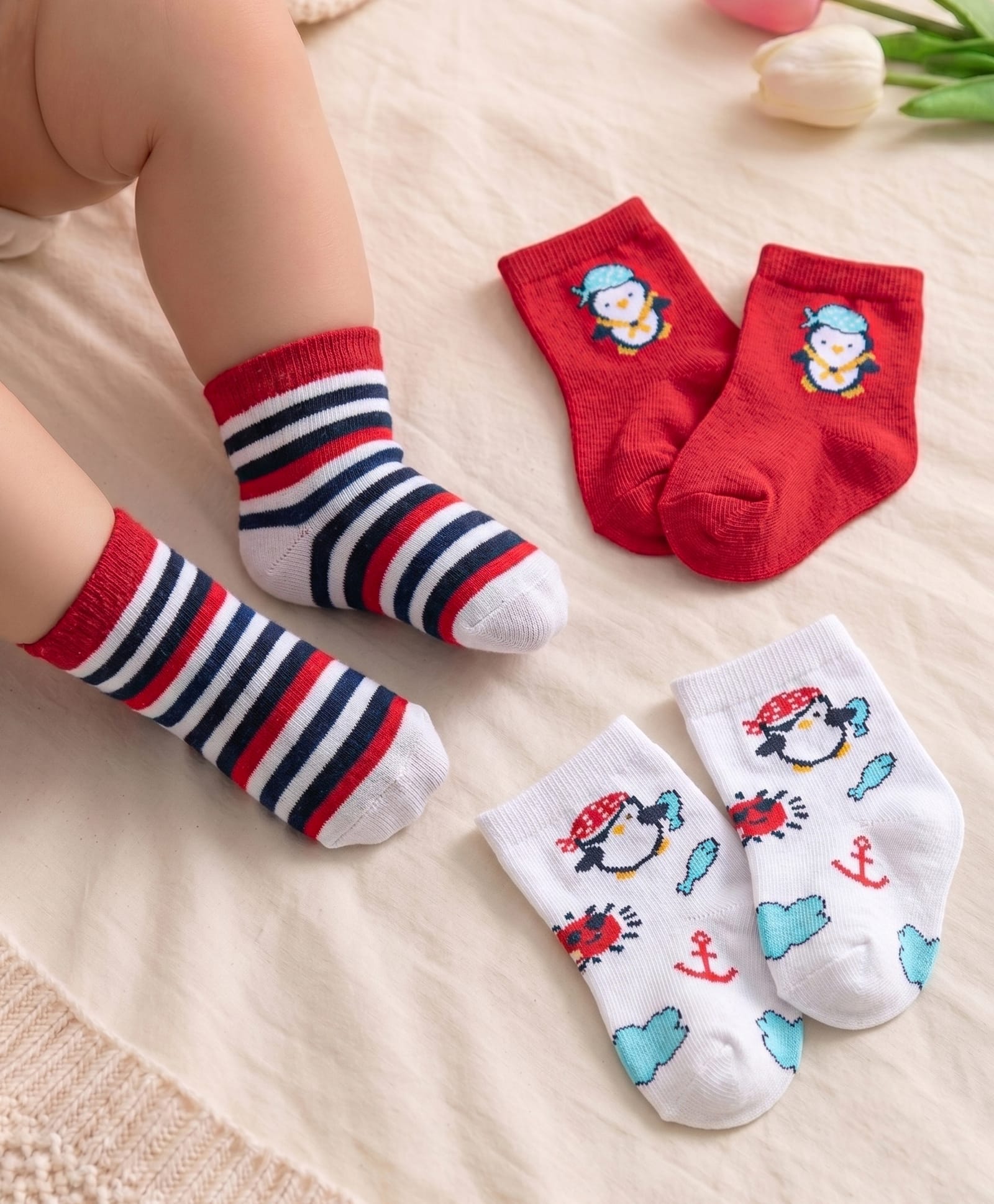 Cute Walk by Babyhug Anti-Bacterial Ankle Length Striped & Penguin Design Socks Pack of 3 - White & Red-picture-27