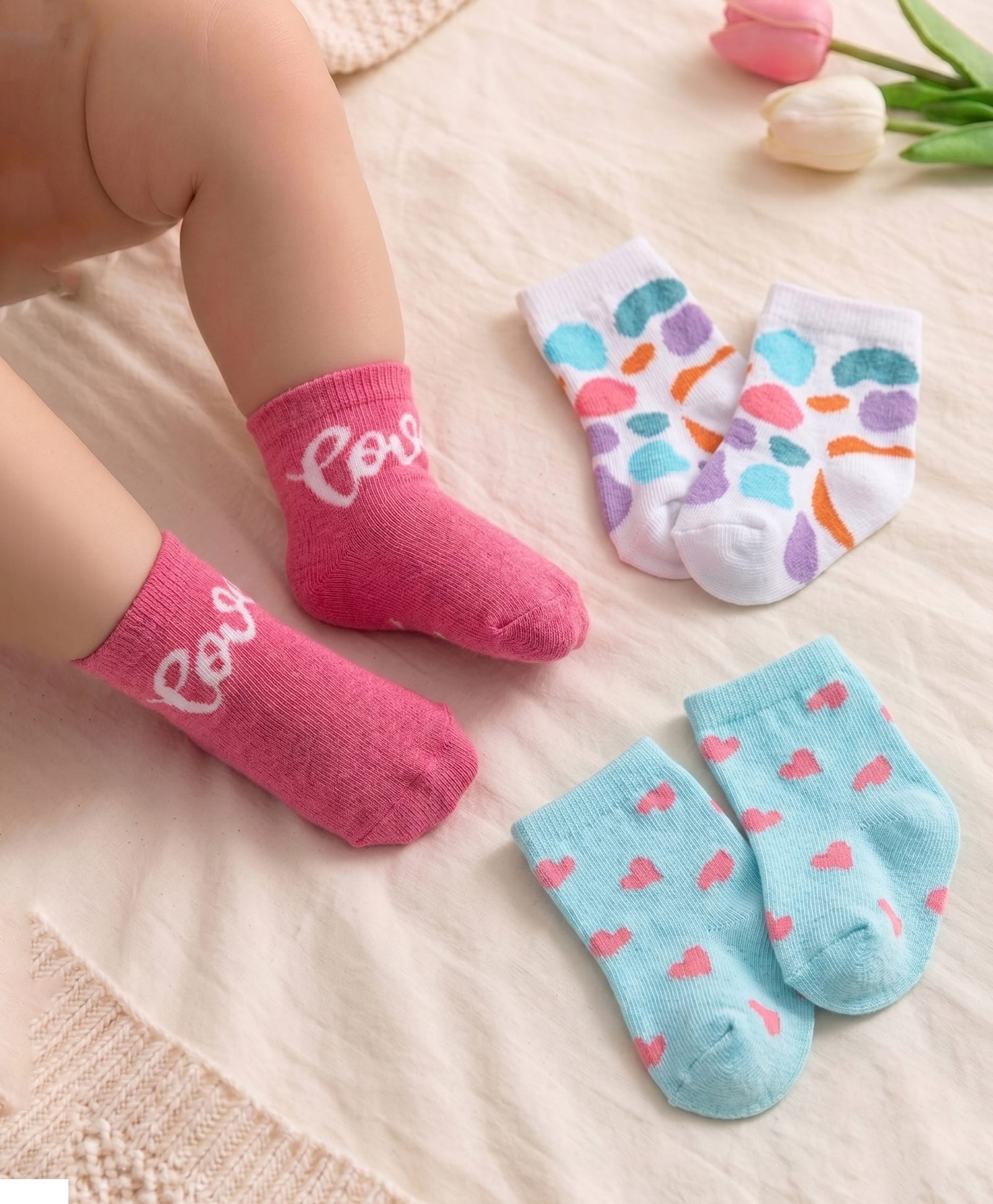 Cute Walk by Babyhug Knit Anti-Bacterial Ankle Length Socks with Heart & Text Design Pack of 3 - Pink Blue & White-picture-31