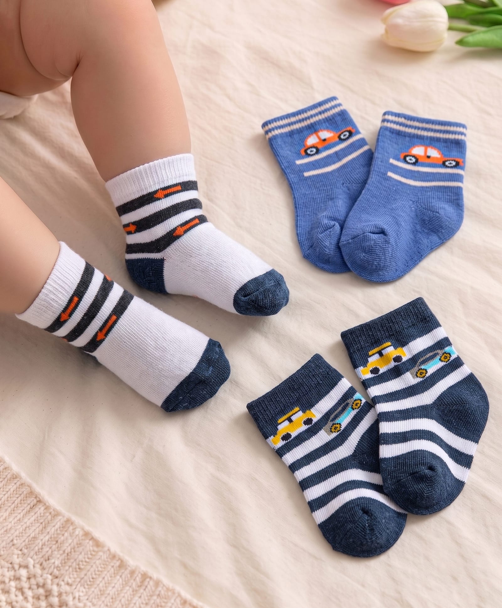 Cute Walk by Babyhug Knit Anti-Bacterial Ankle Length Socks with Striped & Car Design Pack of 3 - Blue & White-picture-13