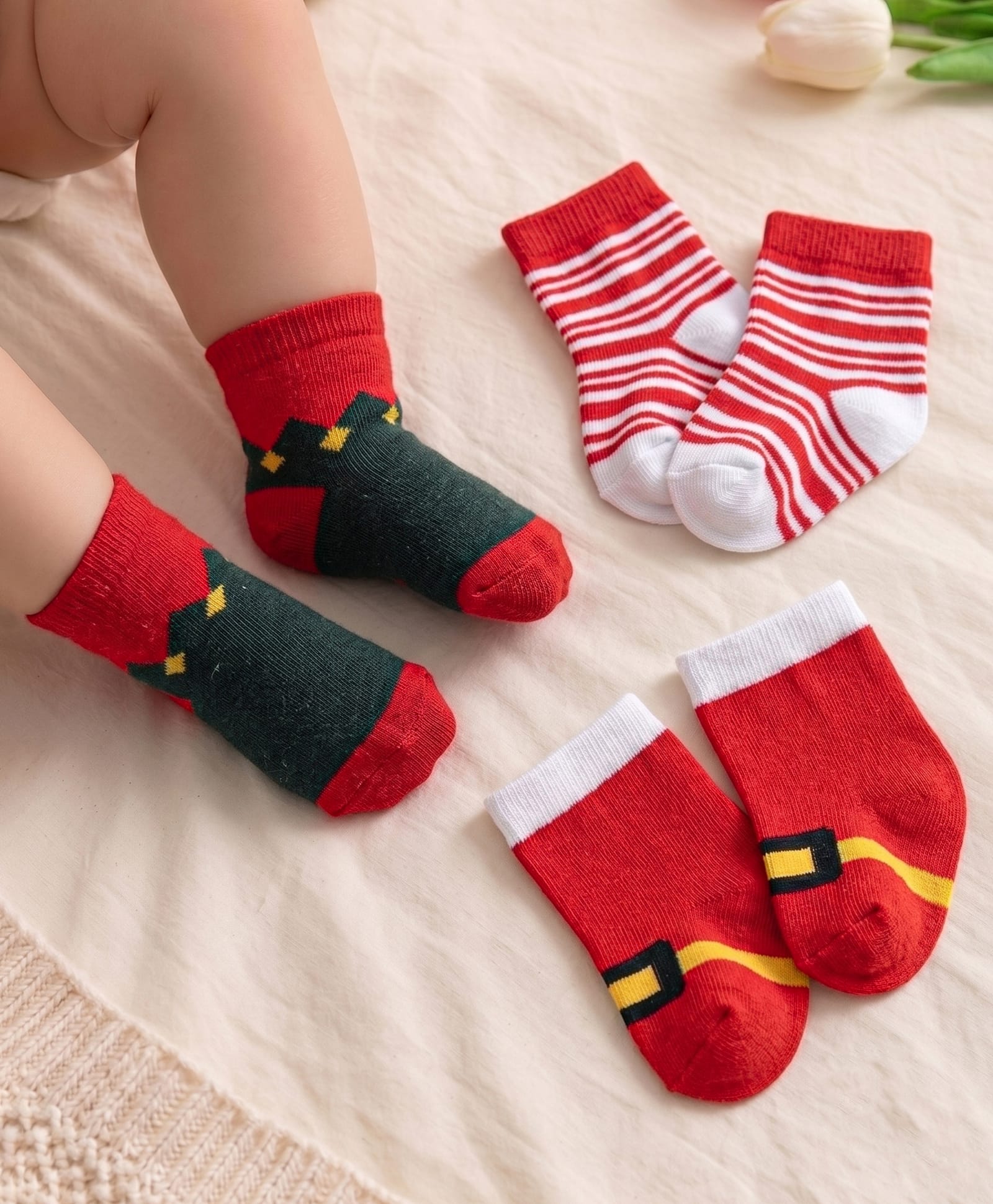 Cute Walk by Babyhug Knit Anti-Bacterial Ankle Length Socks with Striped & Diamond Design Pack of 3 - Red & White-image-16