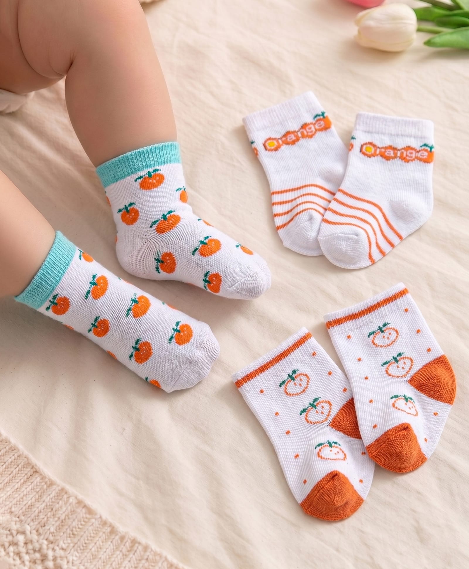 Cute Walk by Babyhug Knit Anti-Bacterial Ankle Length Socks with Striped & Orange Design Pack of 3 - Orange & White-image-12