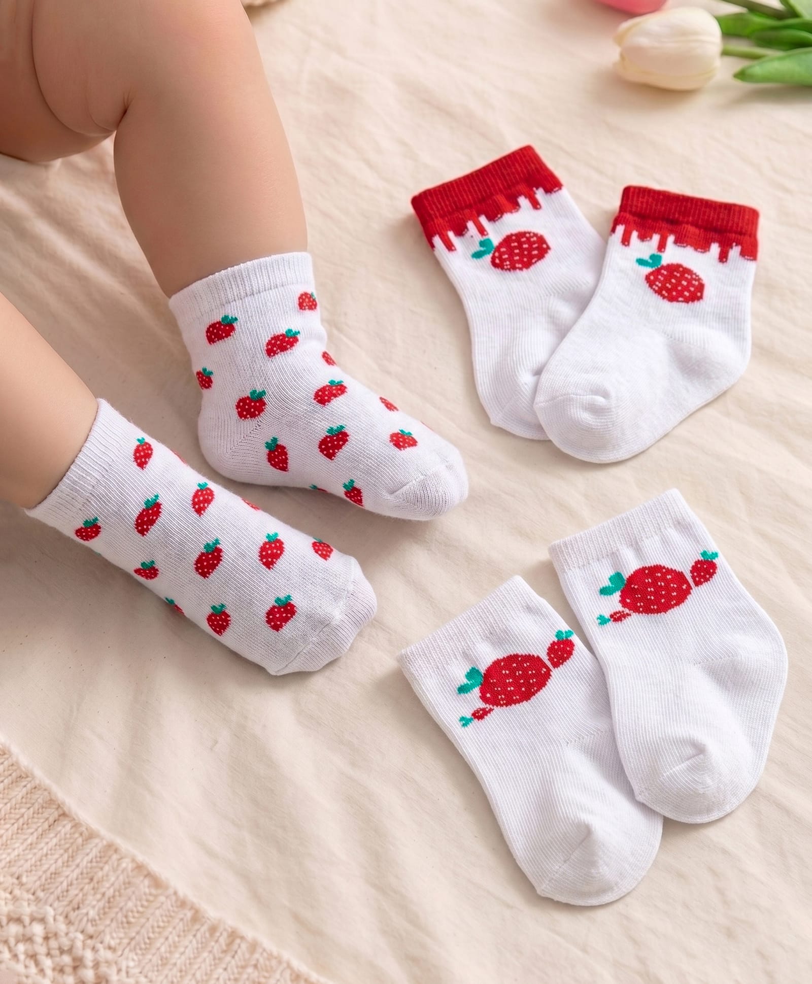 Cute Walk by Babyhug Knit Anti-Bacterial Ankle Length Socks with Strawberry Design Pack of 3 - White & Red-picture-39