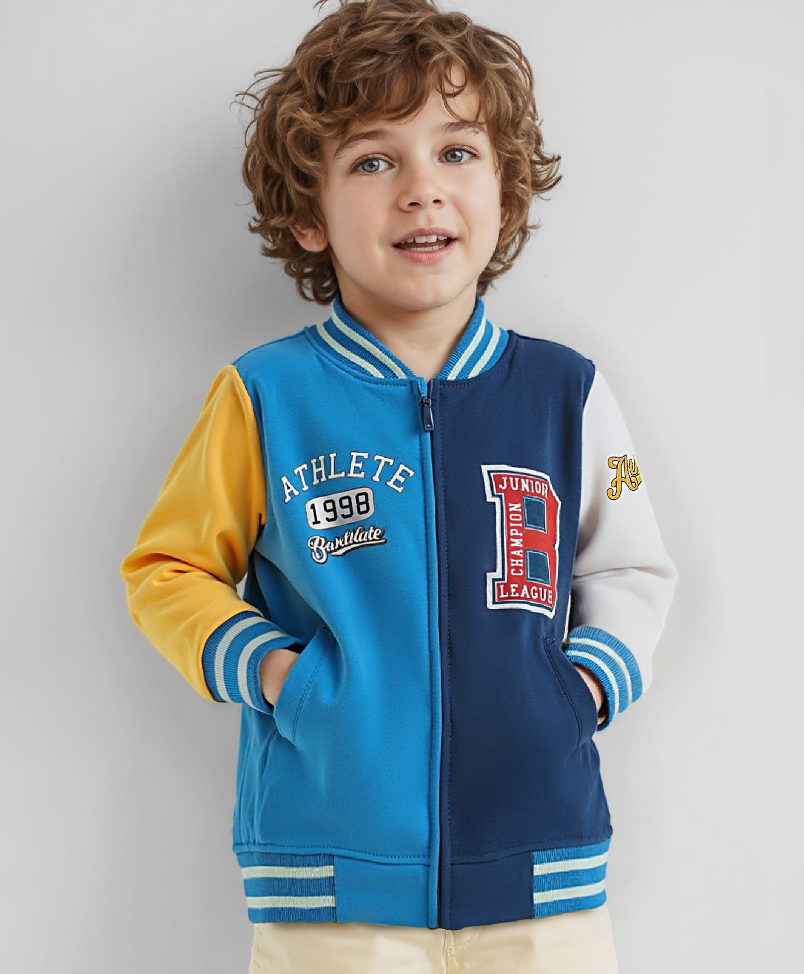 Babyug Cotton Knit Full Sleeves Bomber Jacket With Text Print & Embroidery - Blue