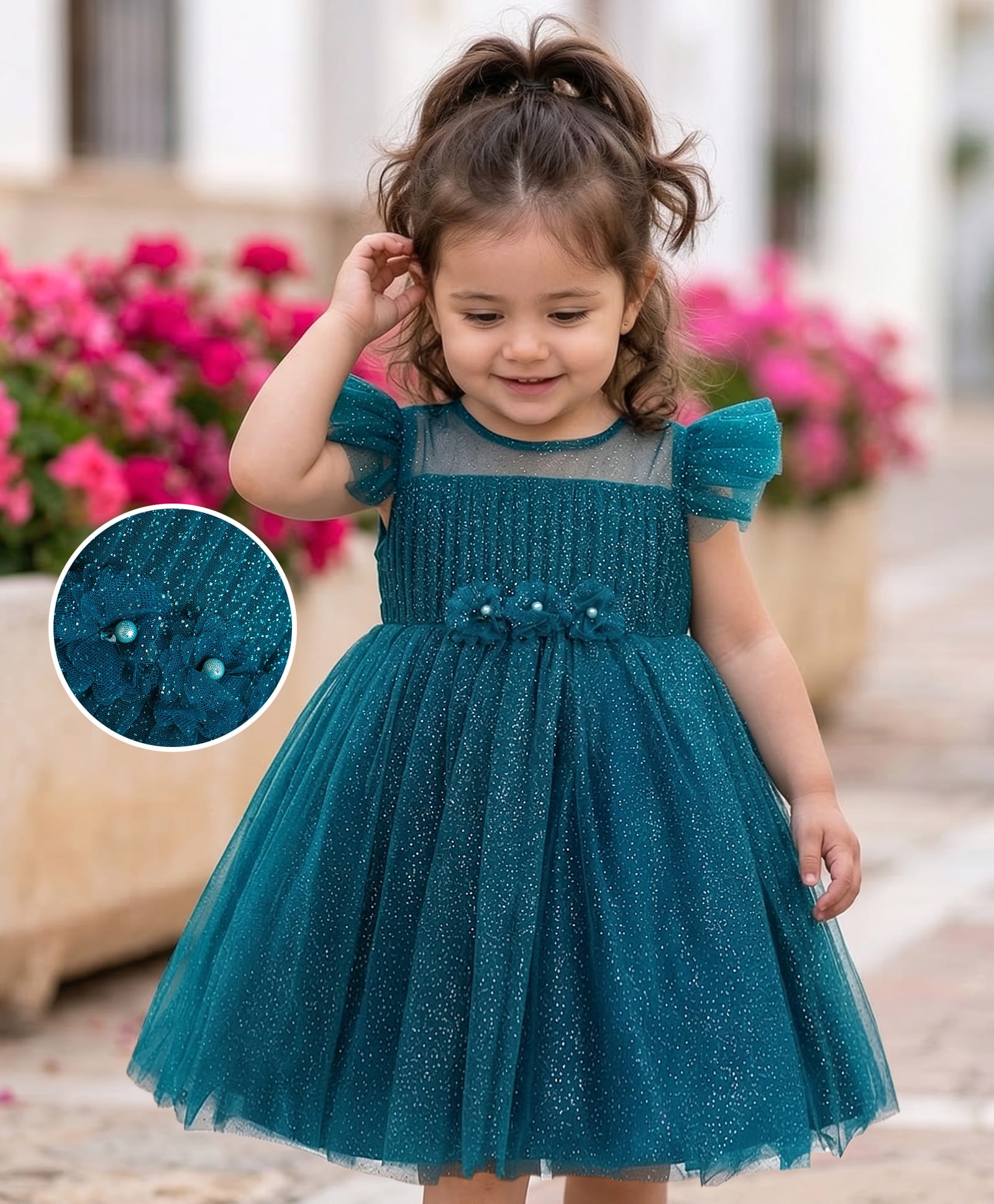 Babyhug Woven Half  Ruffle Sleeves Glitter Printed Solid Color Party Frock with Floral Applique - Teal Blue-image-5